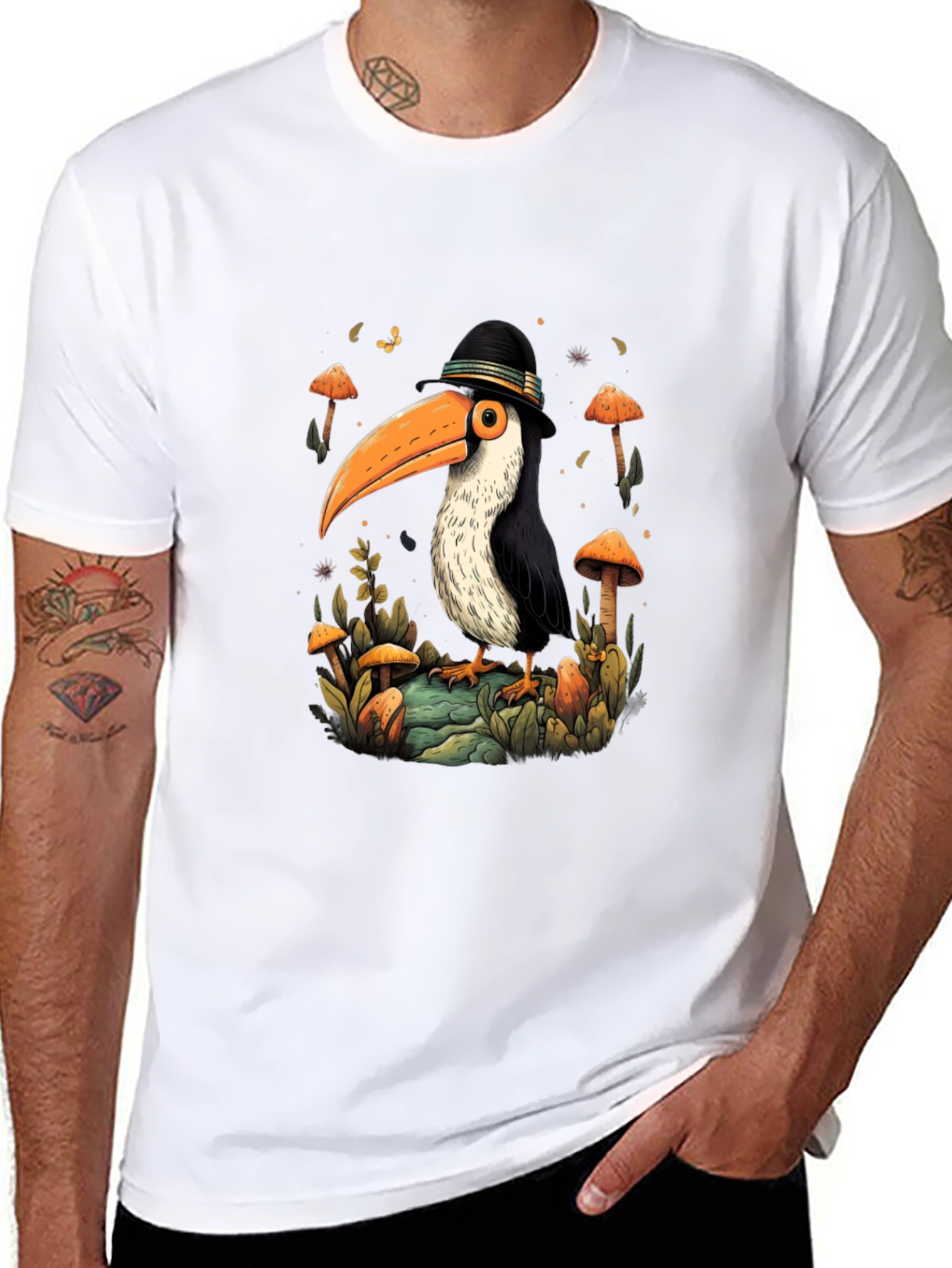 Black Whimsical Toucan T-Shirt - Mushroom Forest Design view 8