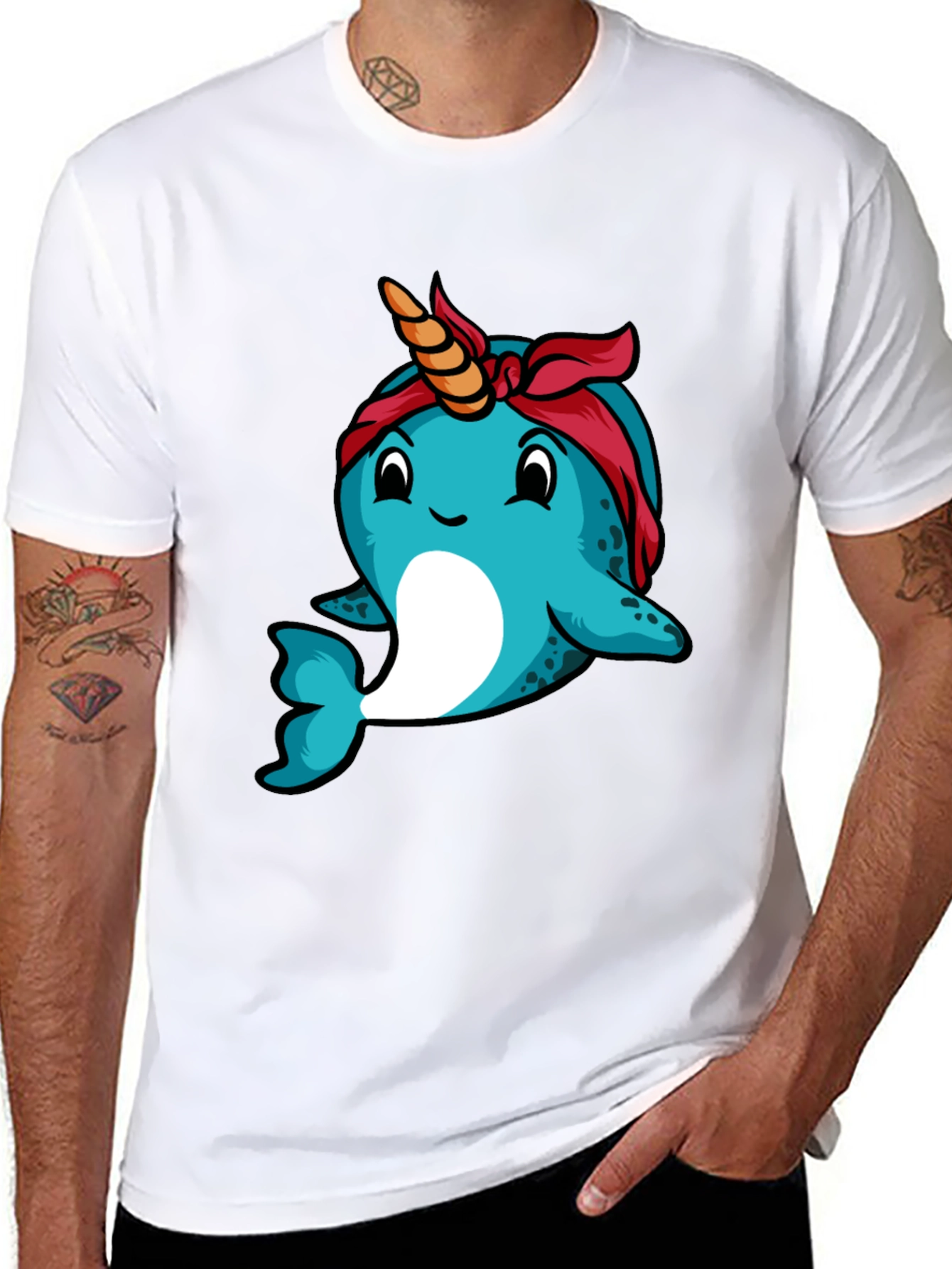 Black Narwhal T-Shirt: Unique Cartoon Bandana Graphic Tee view 8