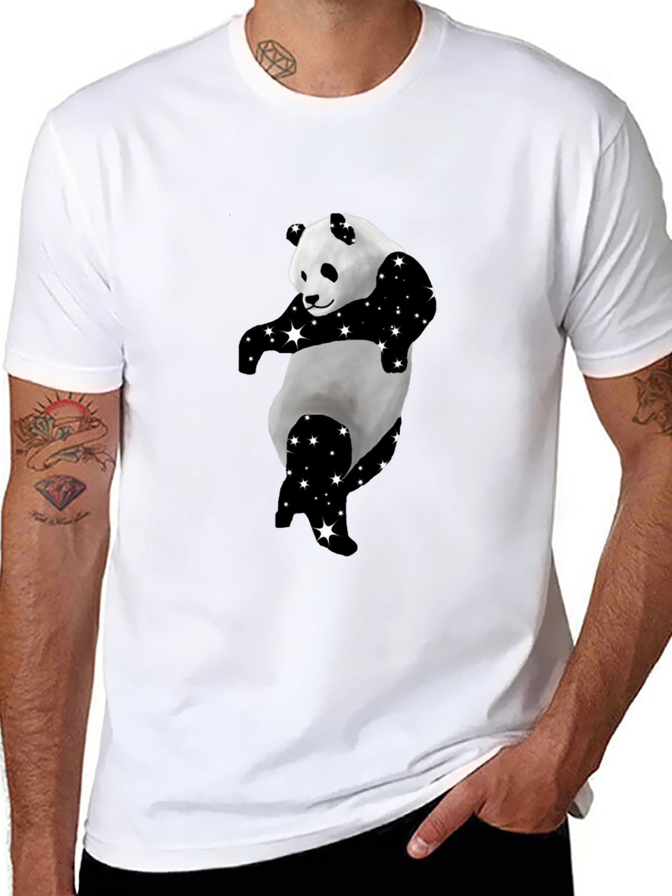 Cool Panda Starry Design Black T-Shirt - 8