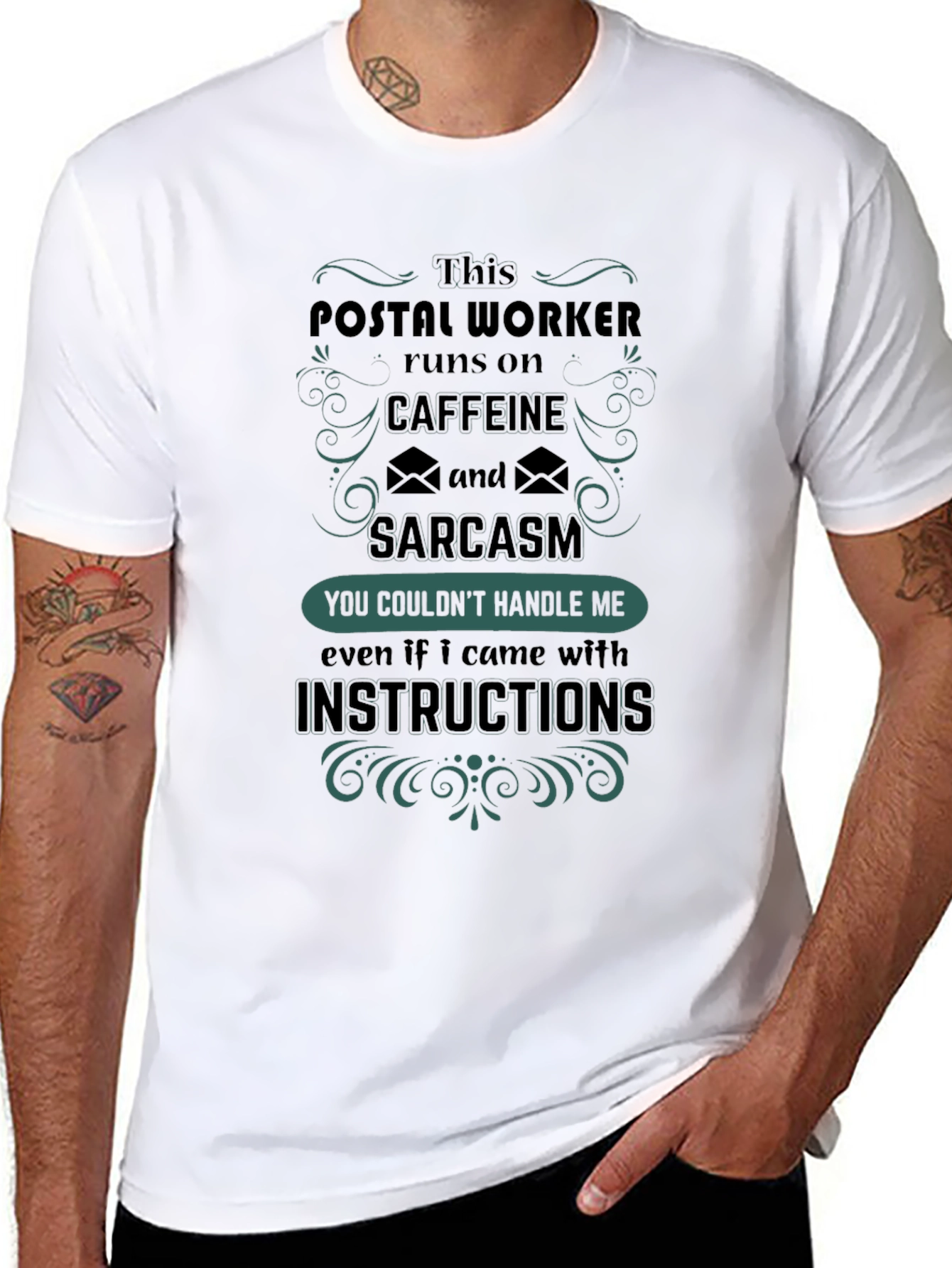 Black Postal Worker Caffeine Sarcasm Graphic Tee view 8