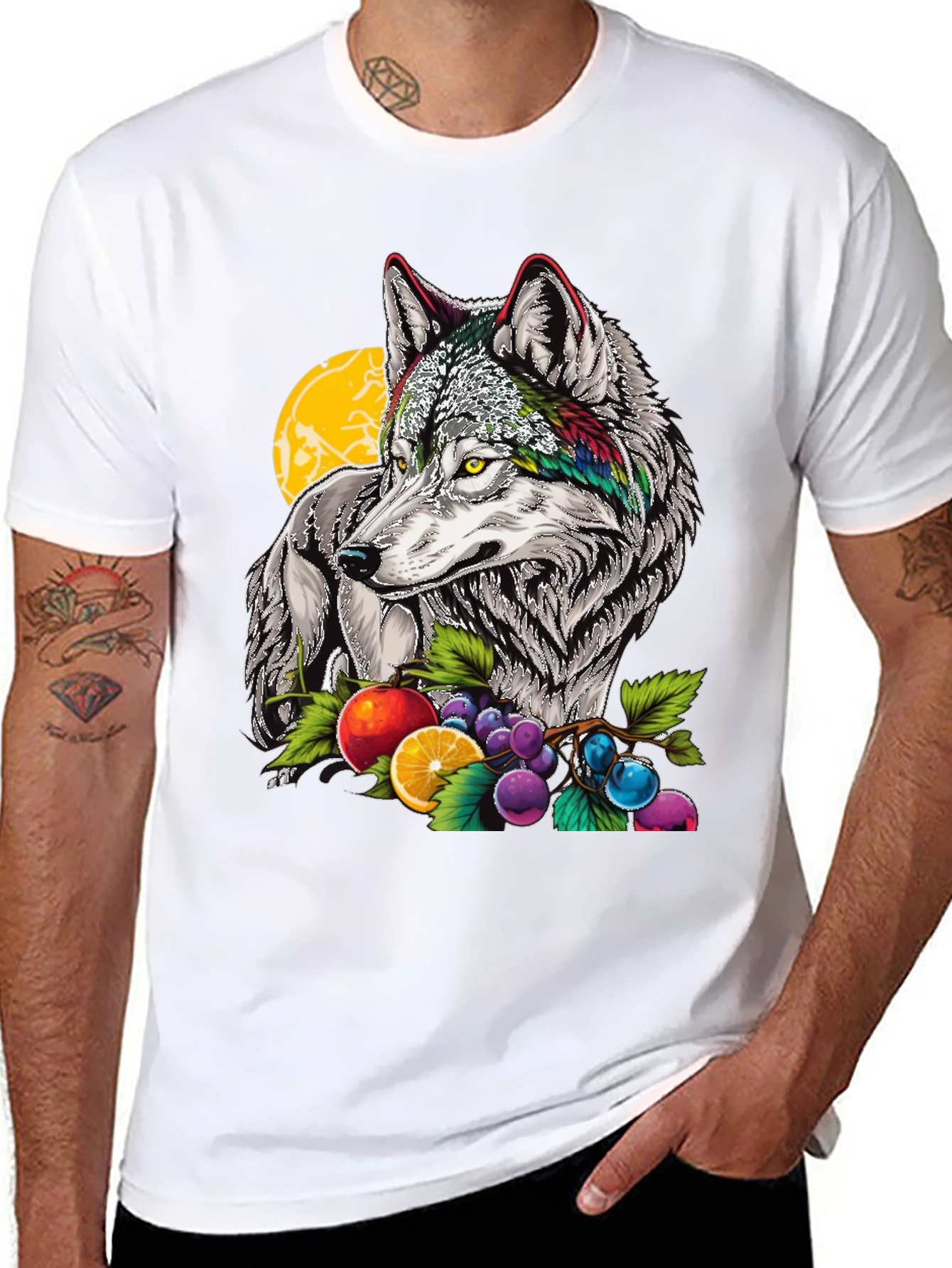 Black Wolf & Fruit Graphic Print T-Shirt - Black view 8