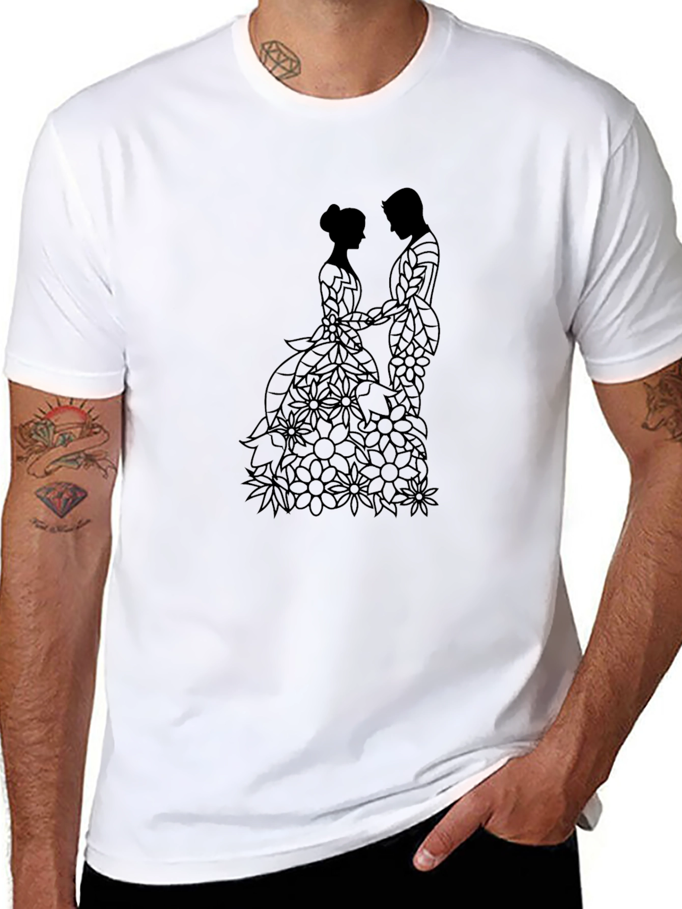 Black Elegant Floral Couple T-Shirt - Black view 8