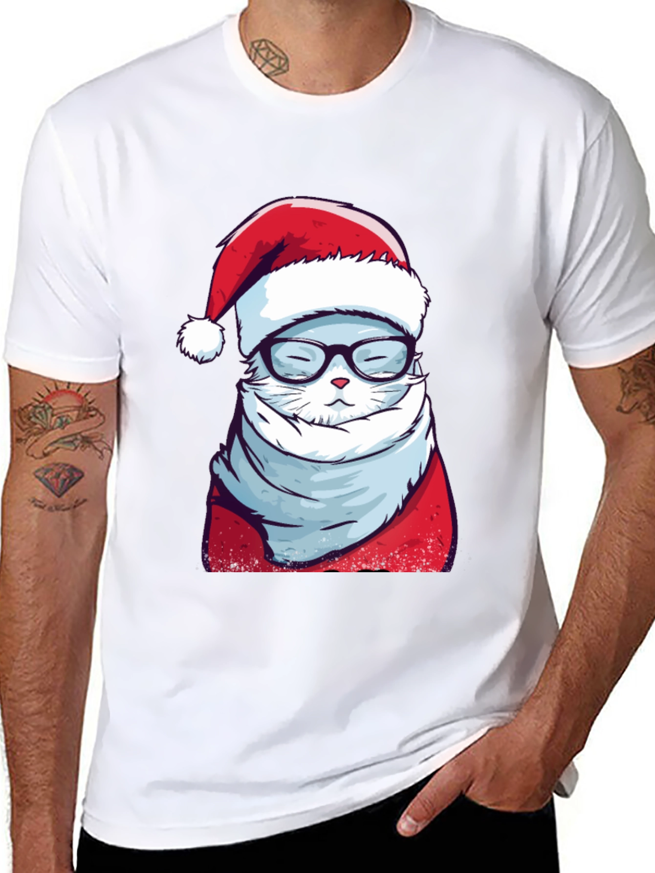 Black Holiday Cat T-Shirt: Santa Hat & Glasses view 8