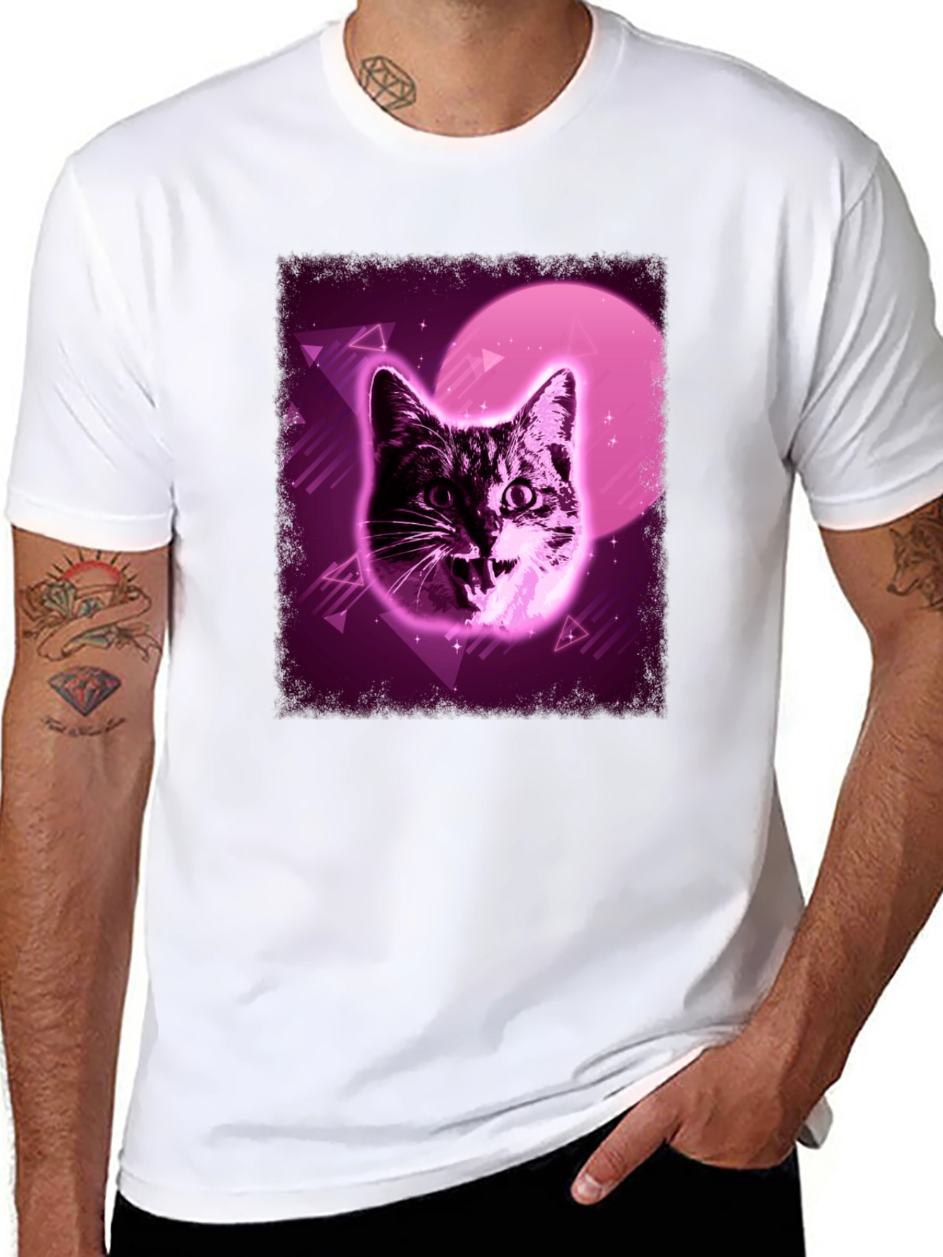 Black Retro Cat Graphic Tee - Vaporwave Style view 8