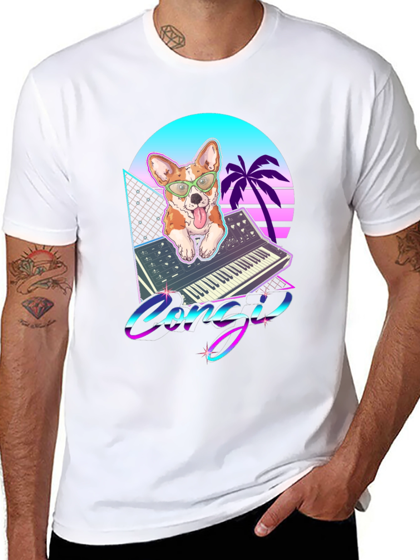 Black Retro Corgi Synthwave Graphic T-Shirt view 8
