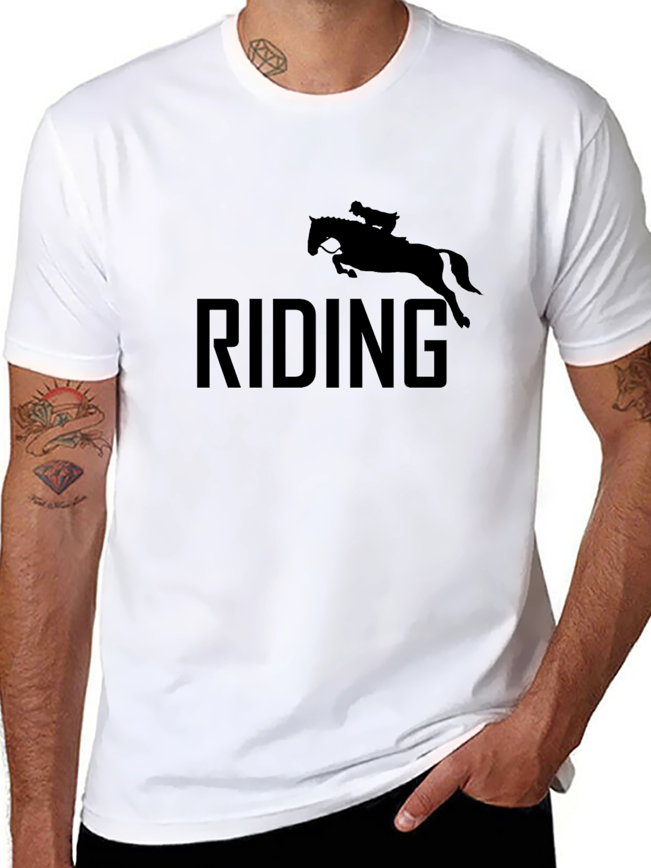 Black Riding Horse T-Shirt, Black Cotton Tee view 8