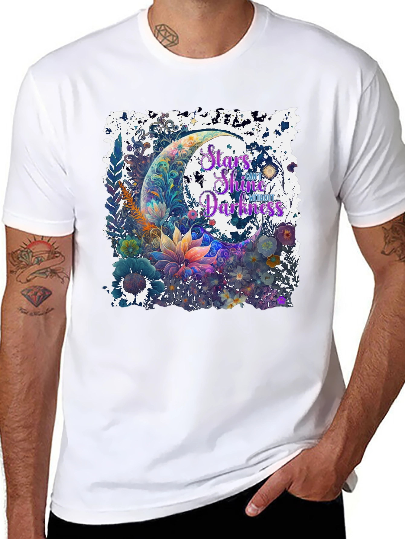 Black Stars Shine Graphic T-Shirt - Floral Moon Design view 8