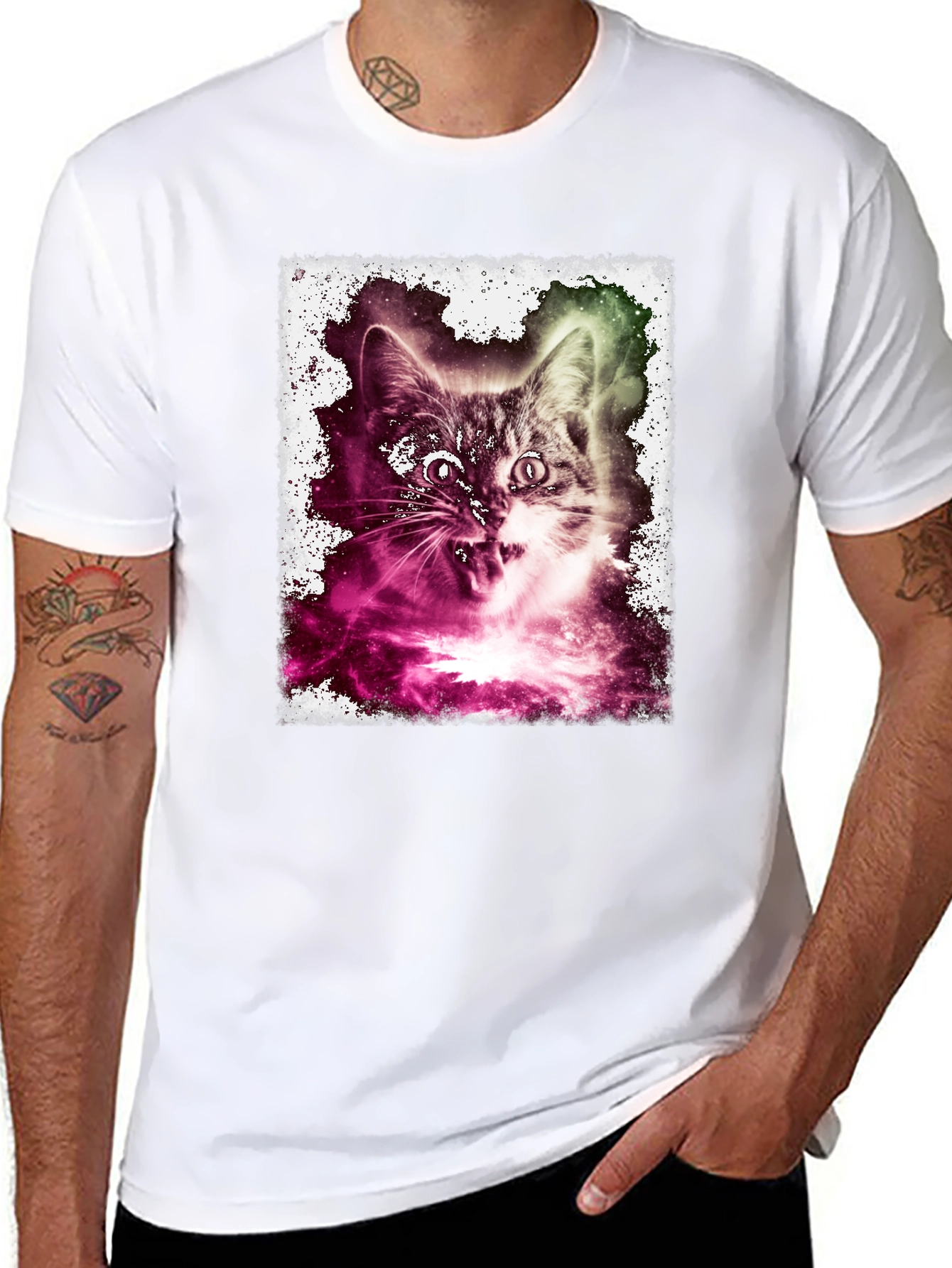 Black Galaxy Cat Graphic Tee - Men's Black T-Shirt view 8