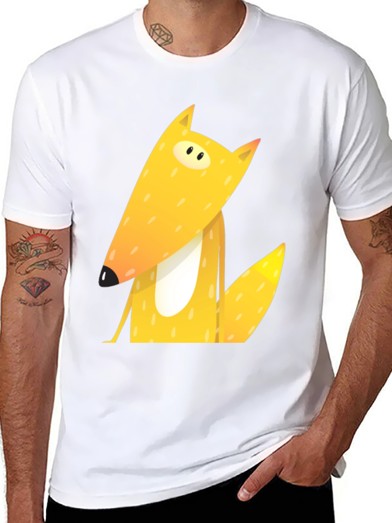 Black Cartoon Fox Graphic Tee - Black Cotton T-Shirt view 8