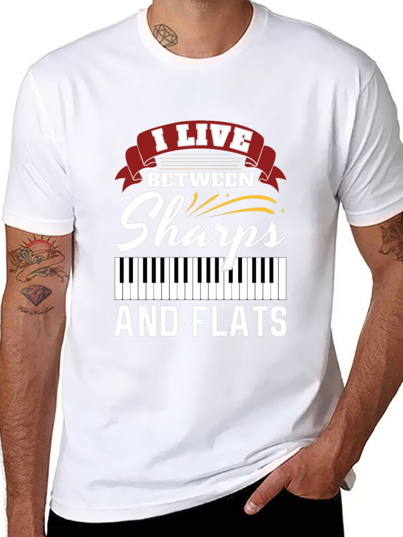 Black I Live Between Sharps and Flats Musician T-Shirt view 8