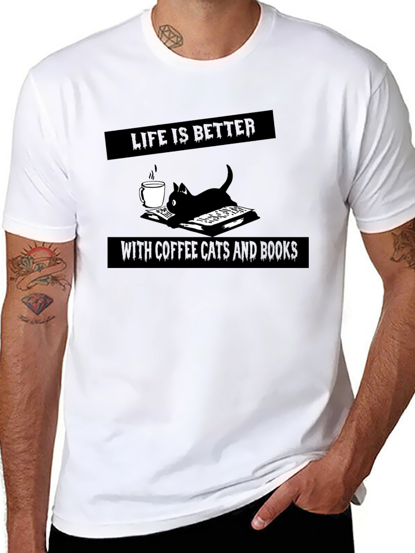 Black Life is Better with Coffee, Cats, and Books Black Tee view 8