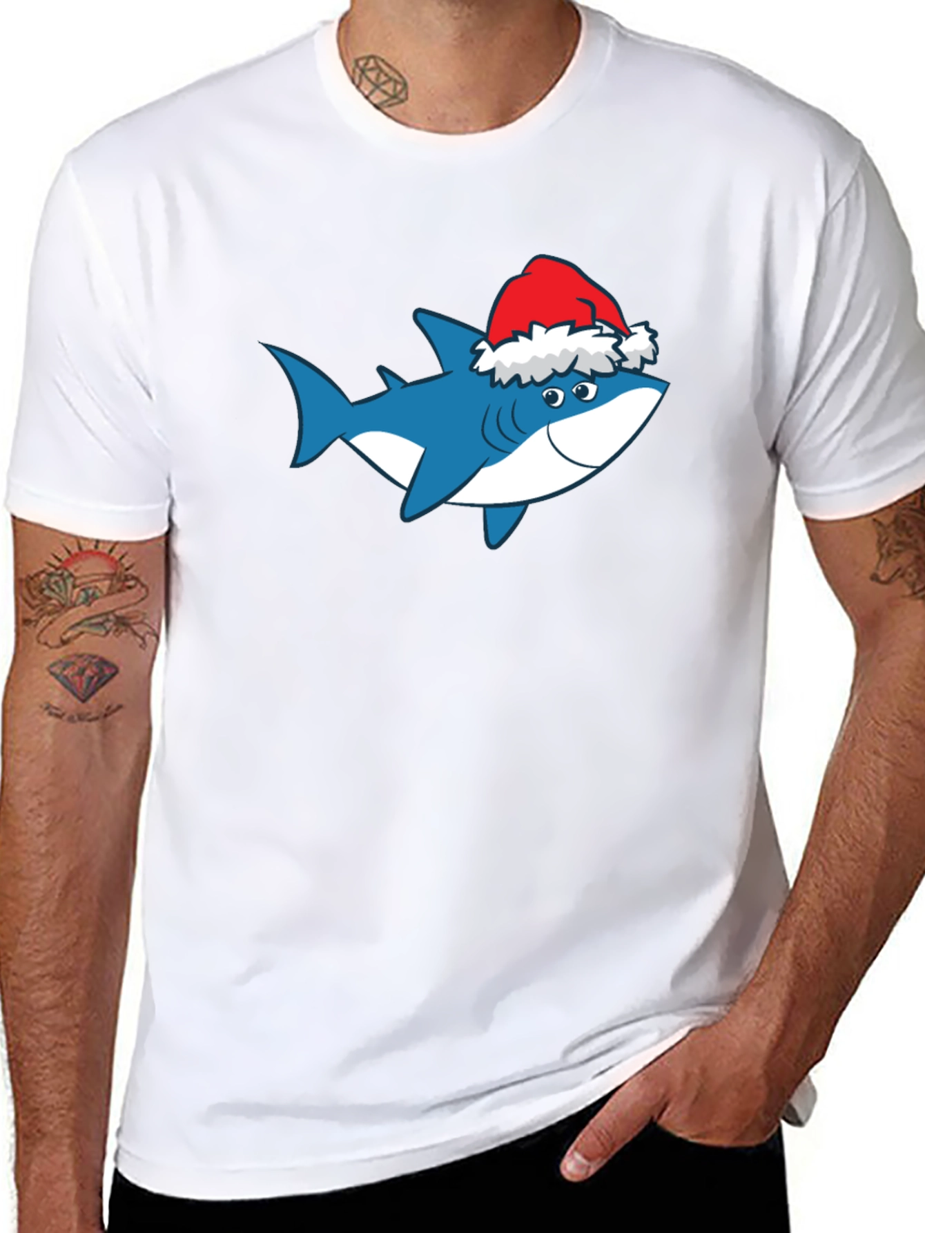 Black Shark Christmas T-Shirt Holiday Tee Santa Hat view 8