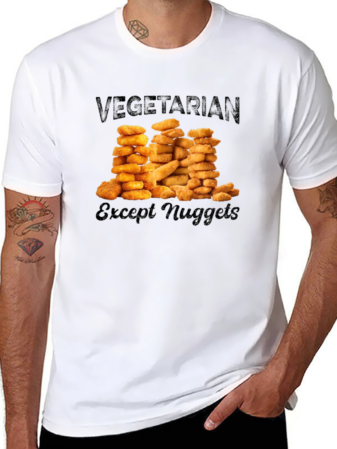 Black Vegetarian Except Nuggets Graphic T-Shirt view 8