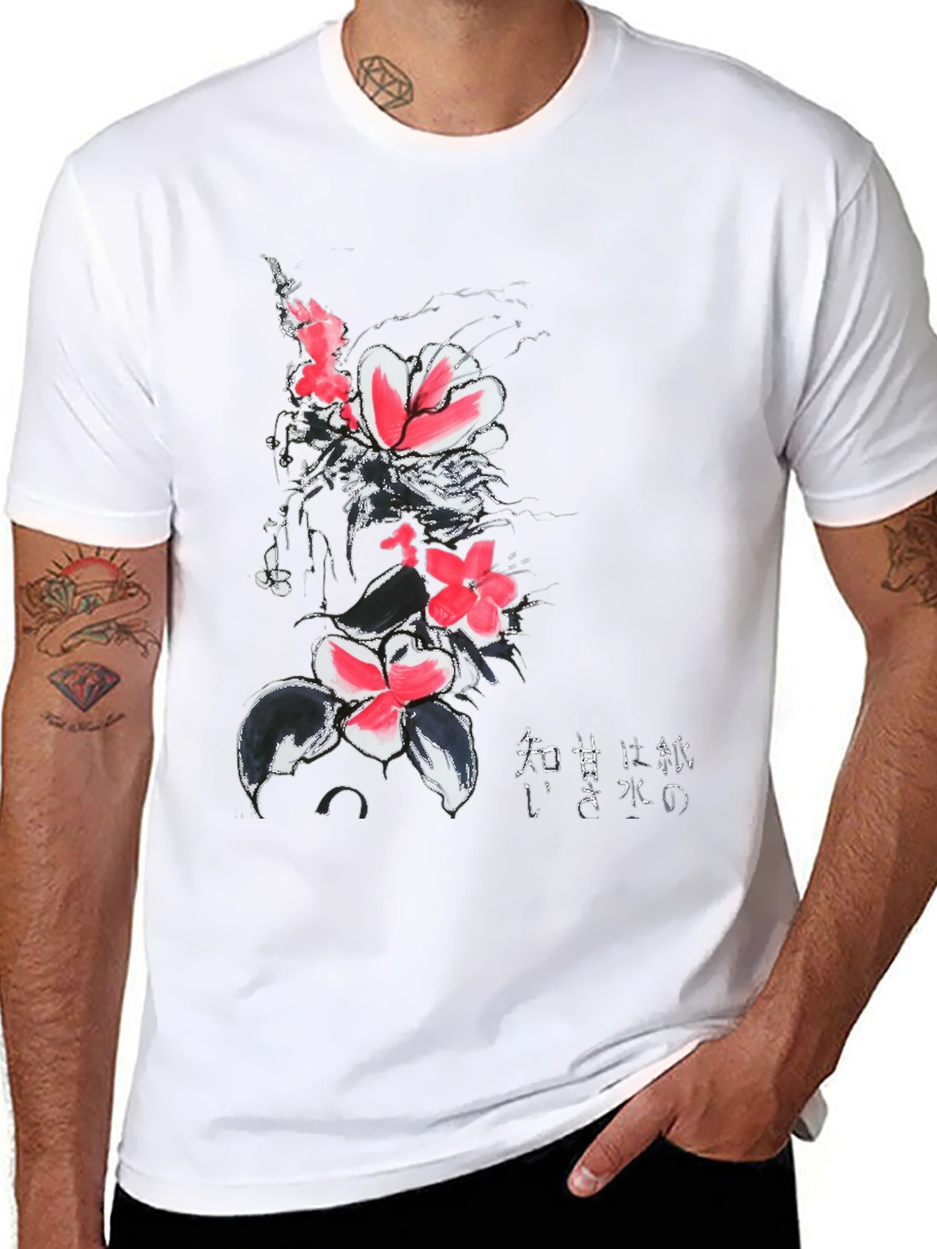 Black Floral Print Black T-Shirt with Japanese Text view 8