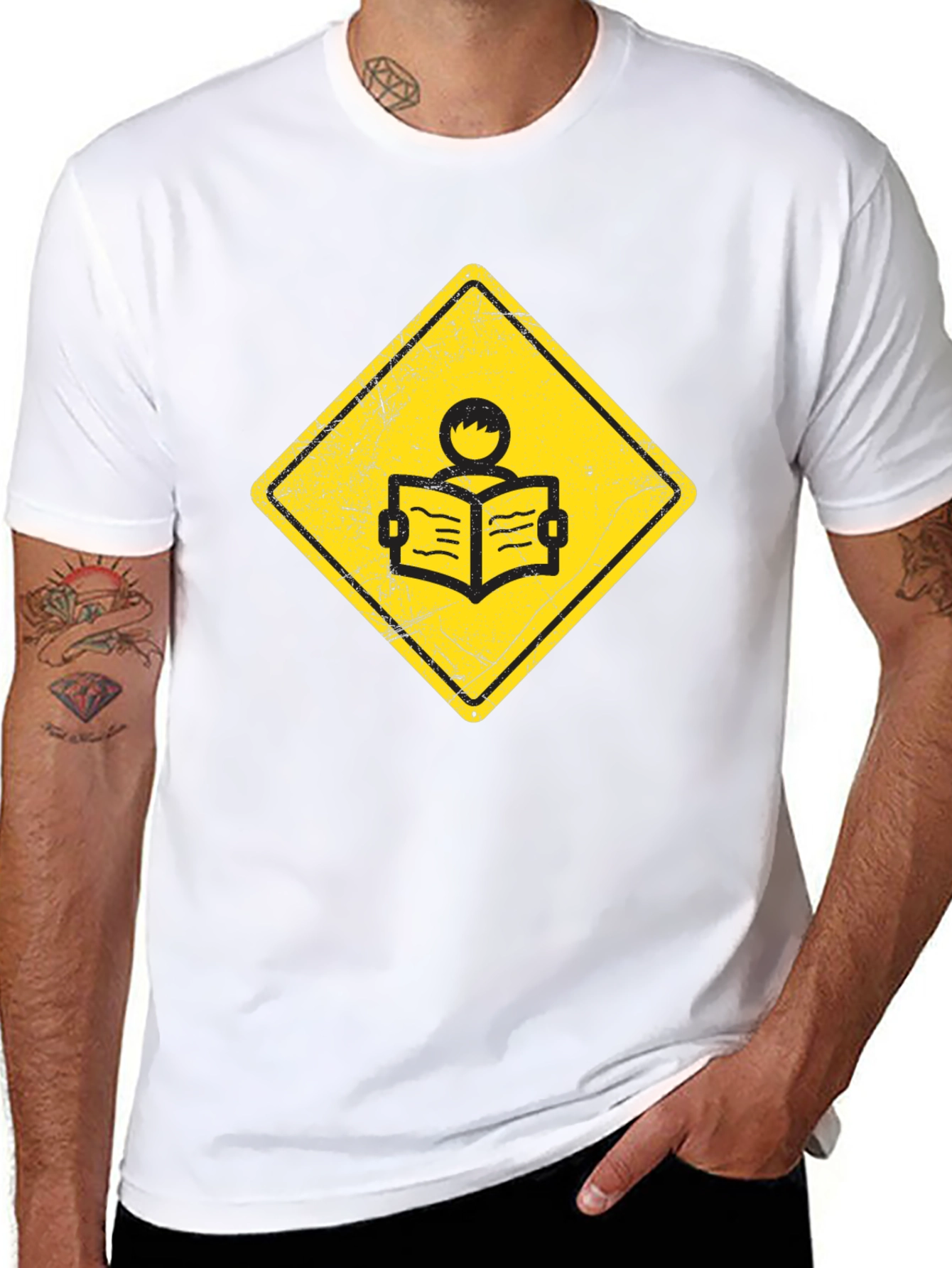 Black Caution Reader T-Shirt - Black Cotton Tee view 8