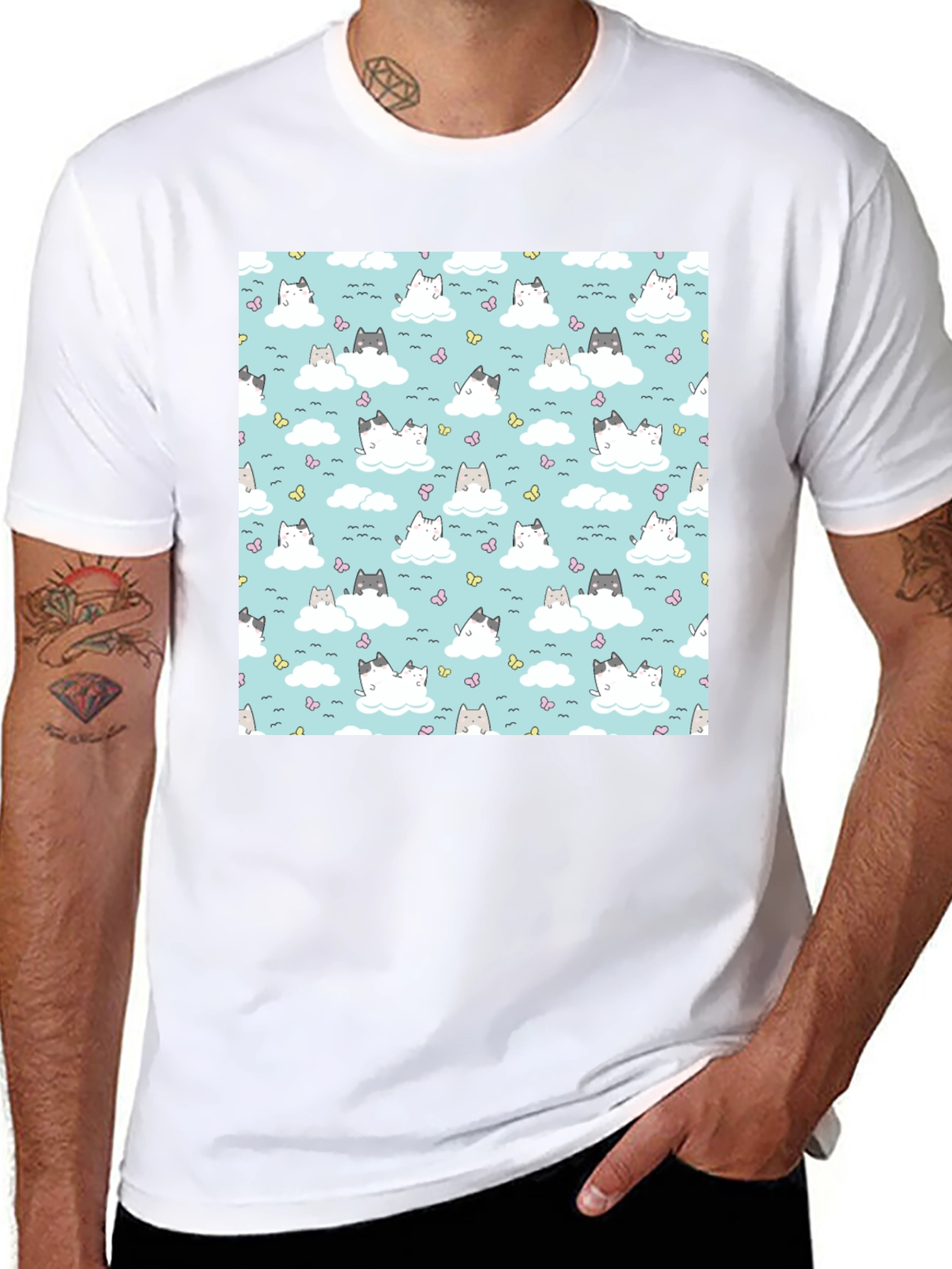 Black Cloud Cat Tee - Cute Pattern Black T-Shirt view 8
