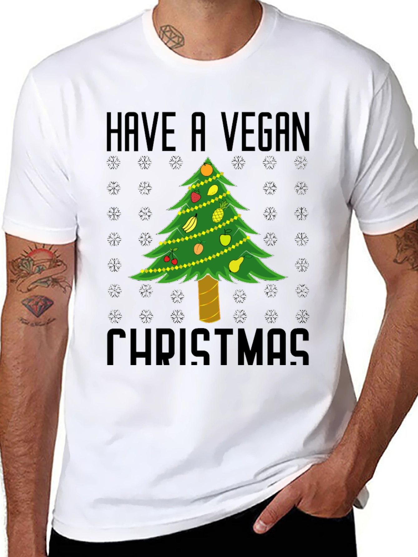 Black Vegan Christmas T-Shirt - Holiday Tree Fruit Design view 8