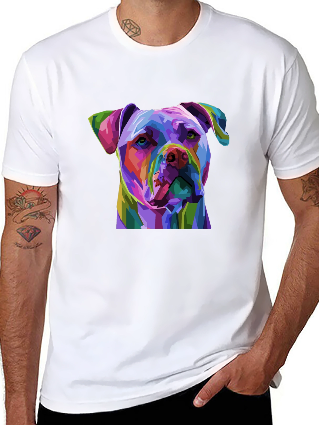 Black Colorful Pitbull Dog Graphic Print Black T-Shirt view 8