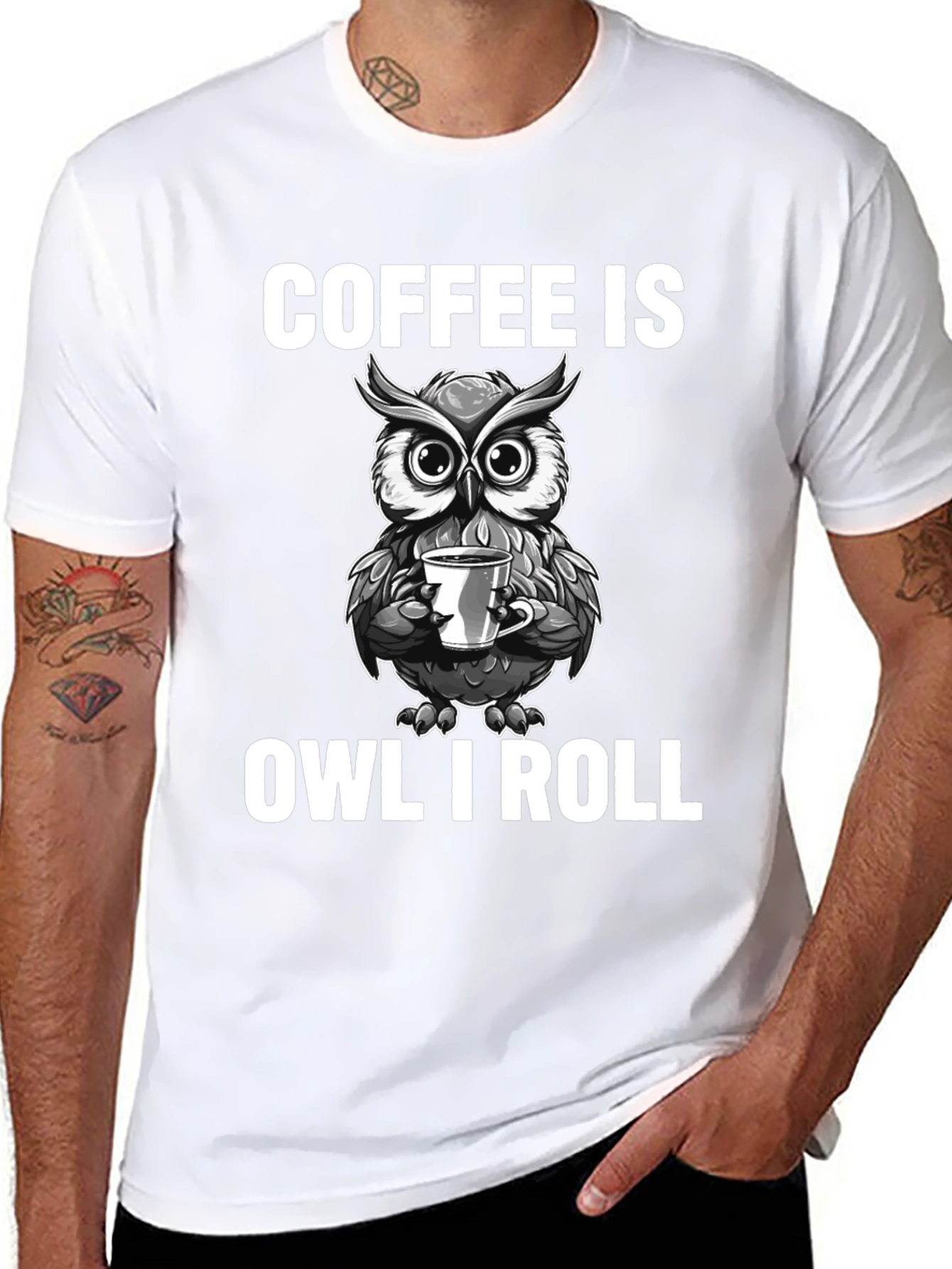 Black Coffee Is Owl I Roll T-Shirt - Funny Owl Coffee Lover Tee view 8