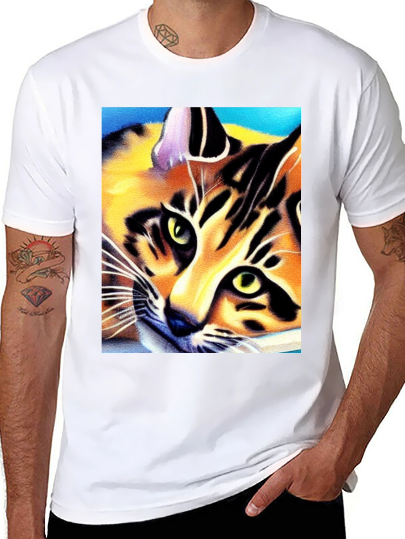 Black Cool Cat Art Graphic T-Shirt view 8