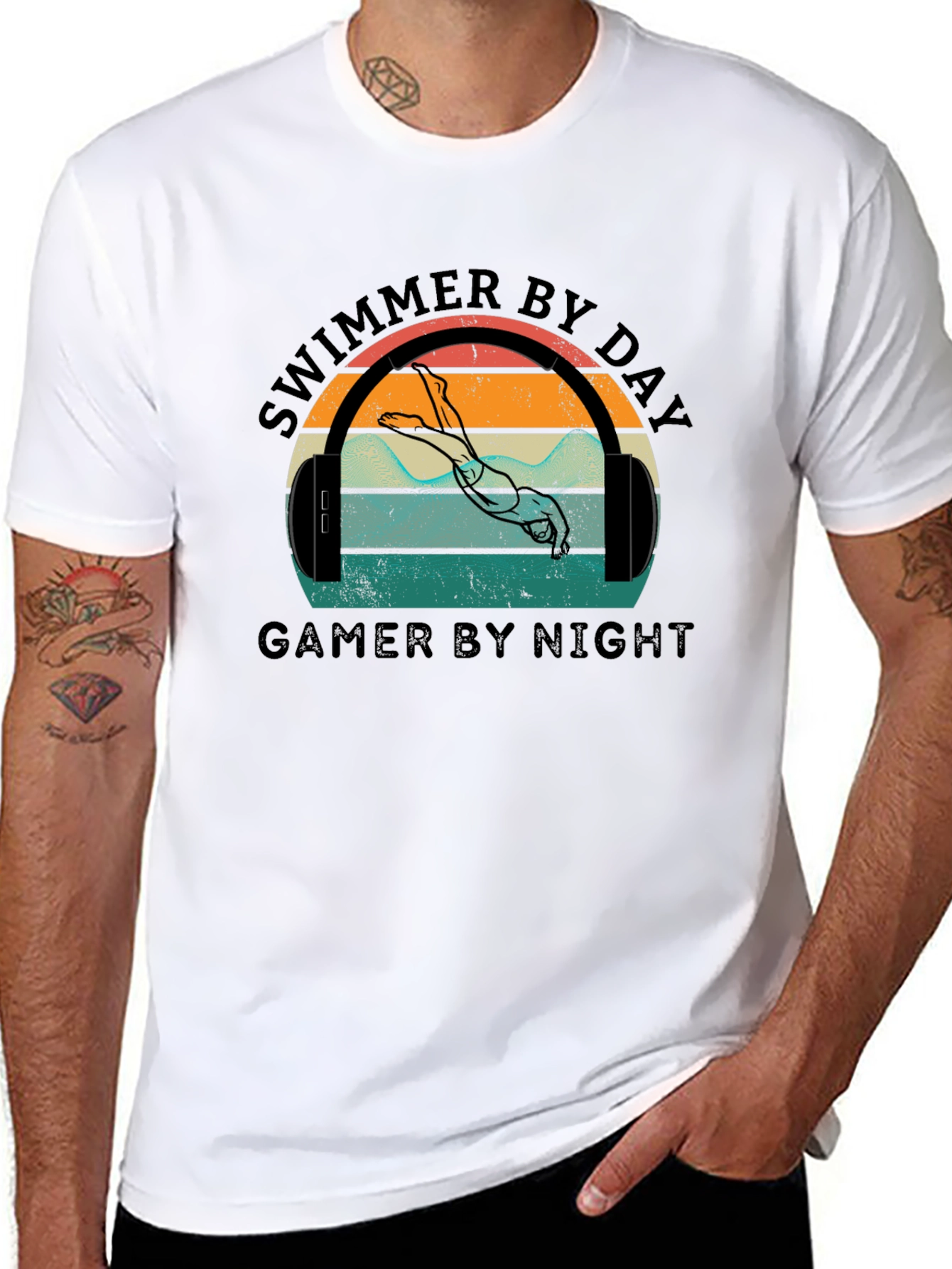 Black Swimmer By Day Gamer By Night Graphic T-Shirt view 8