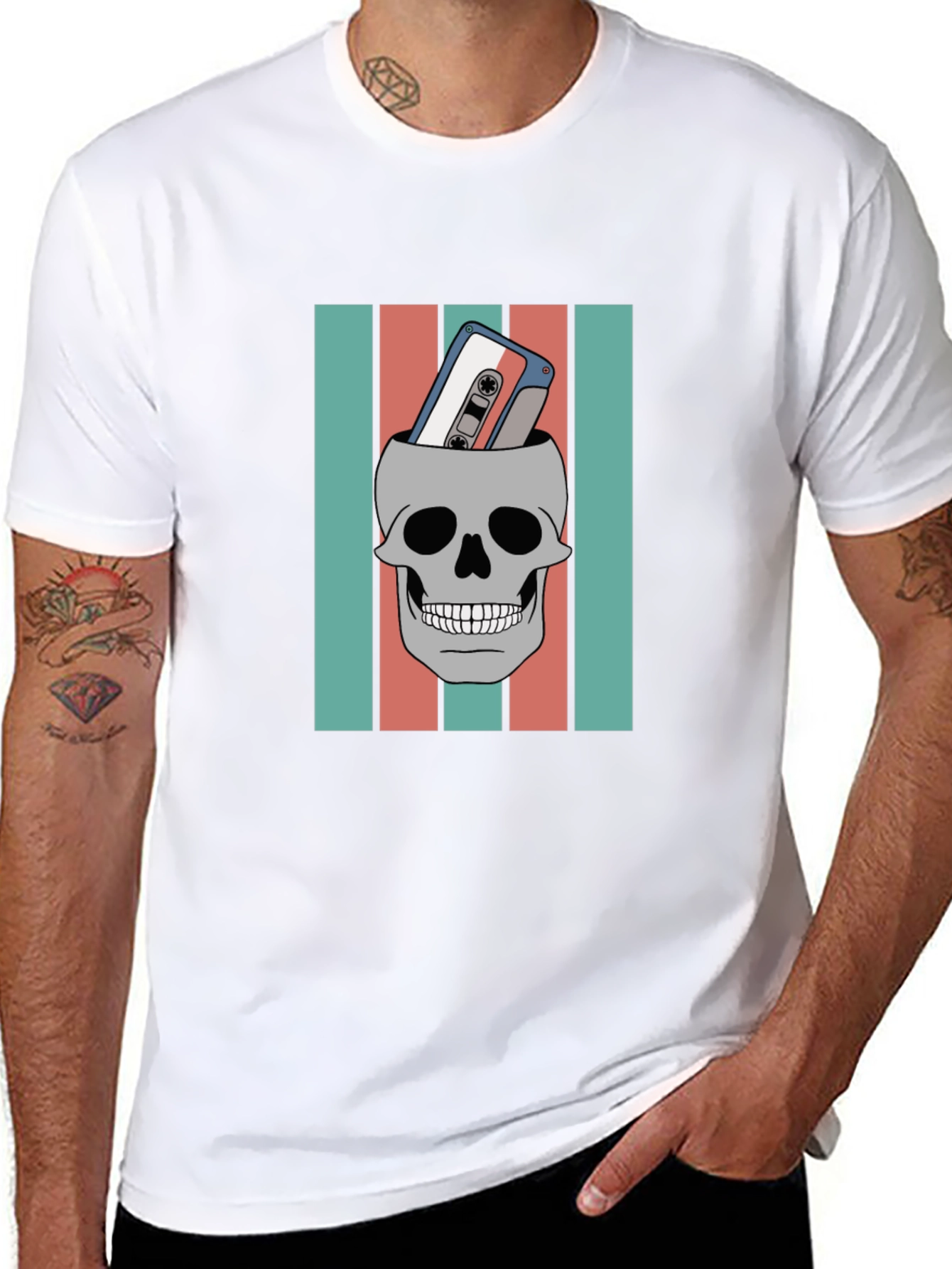 Black Skull & Cassette Tape Graphic Tee - Retro Music Vibes view 8