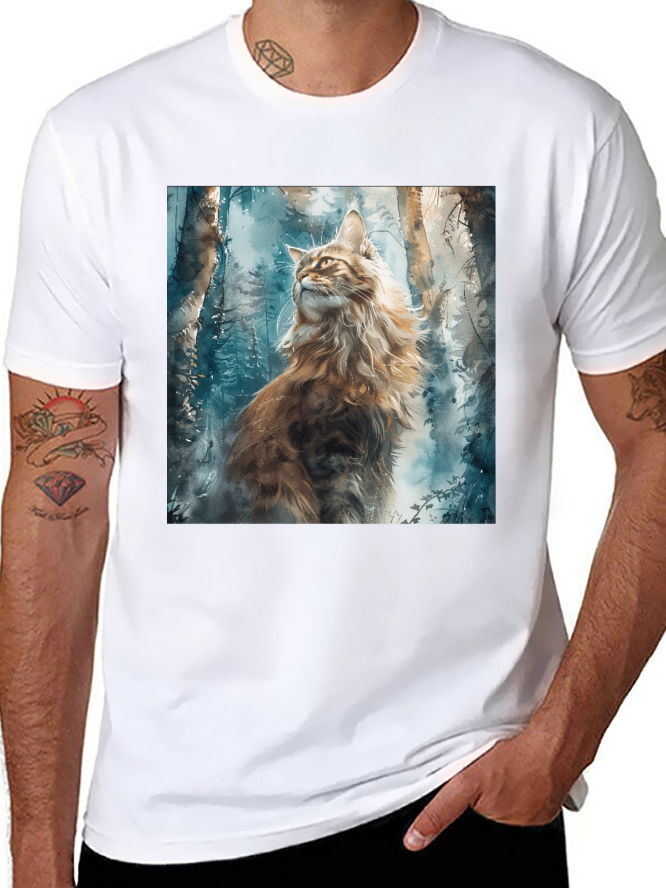 Black Watercolor Cat in Forest Graphic Tee view 8