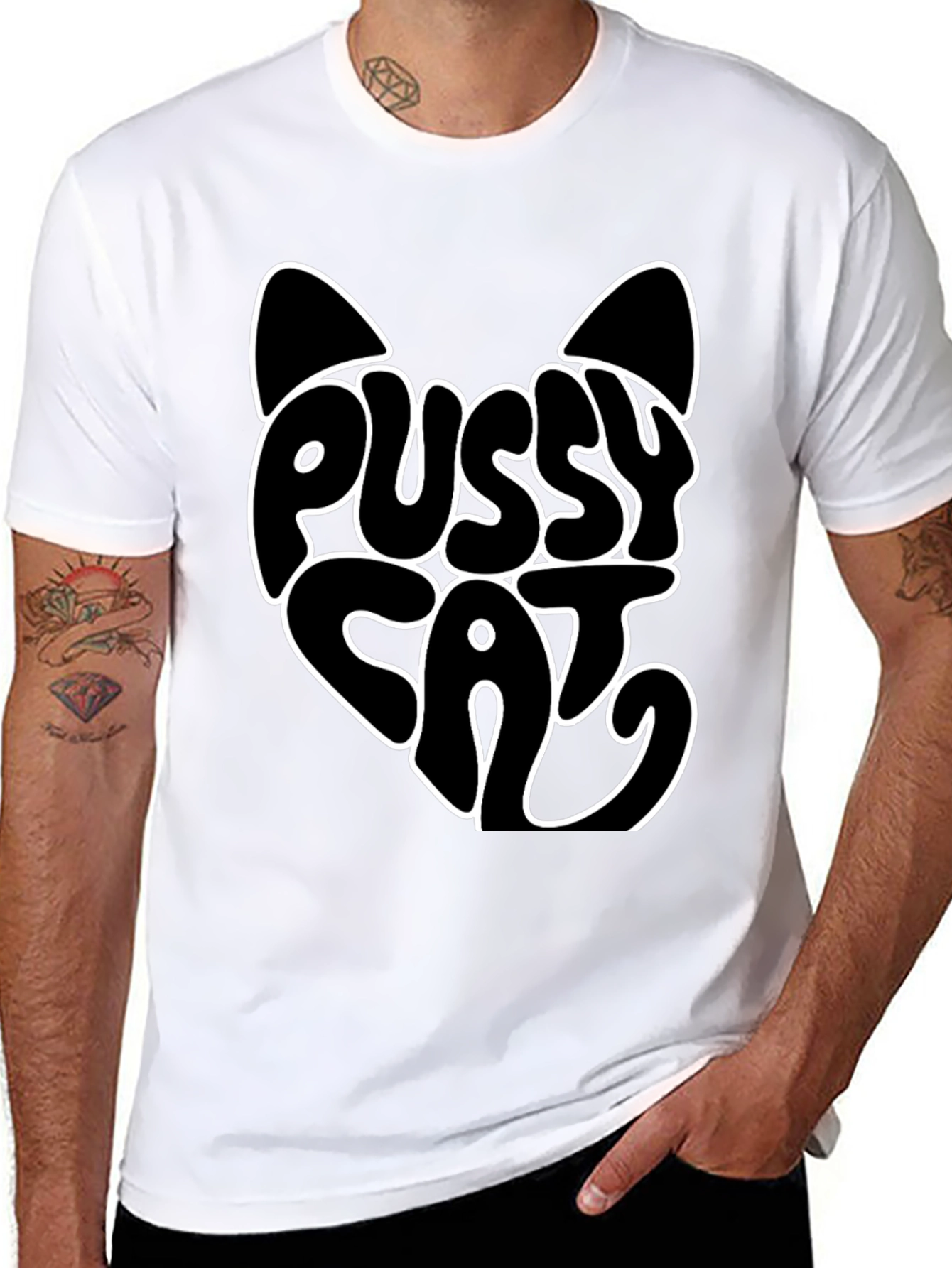 Black Pussy Cat Graphic Print Black T-Shirt view 8