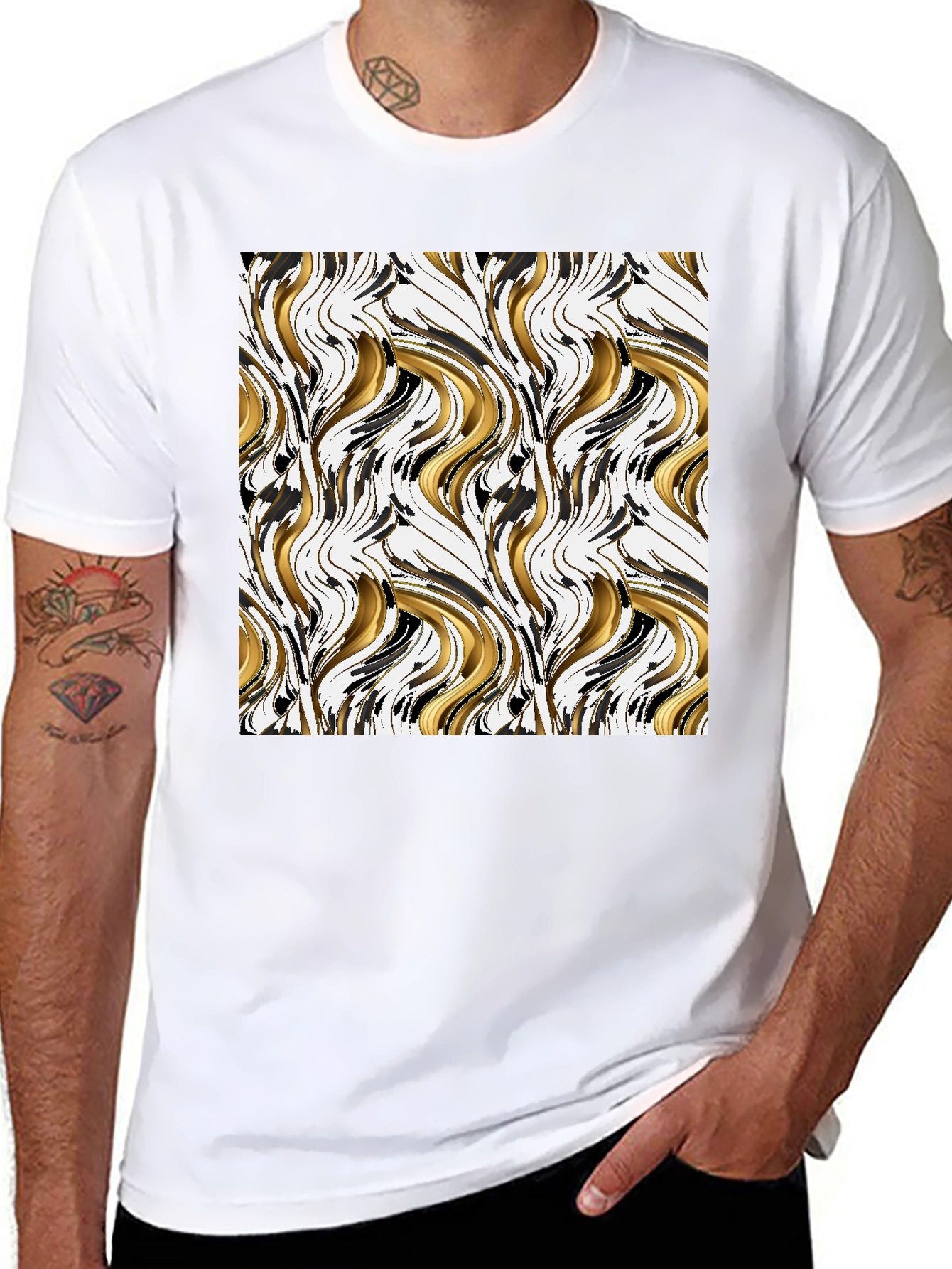 Black Abstract Gold & Black Swirl Print Black T-Shirt view 8