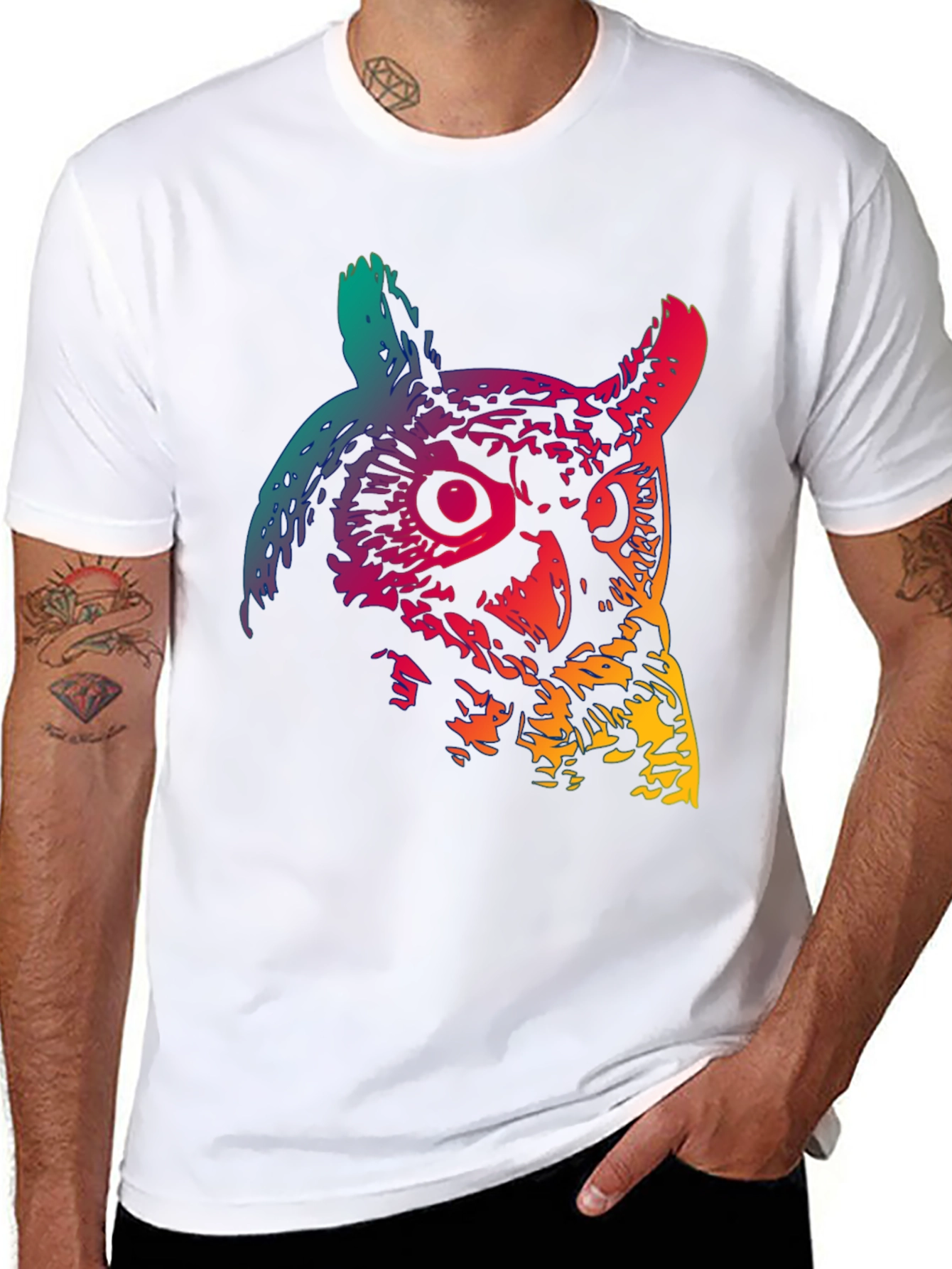Black Rainbow Owl Graphic Print Black T-Shirt view 8