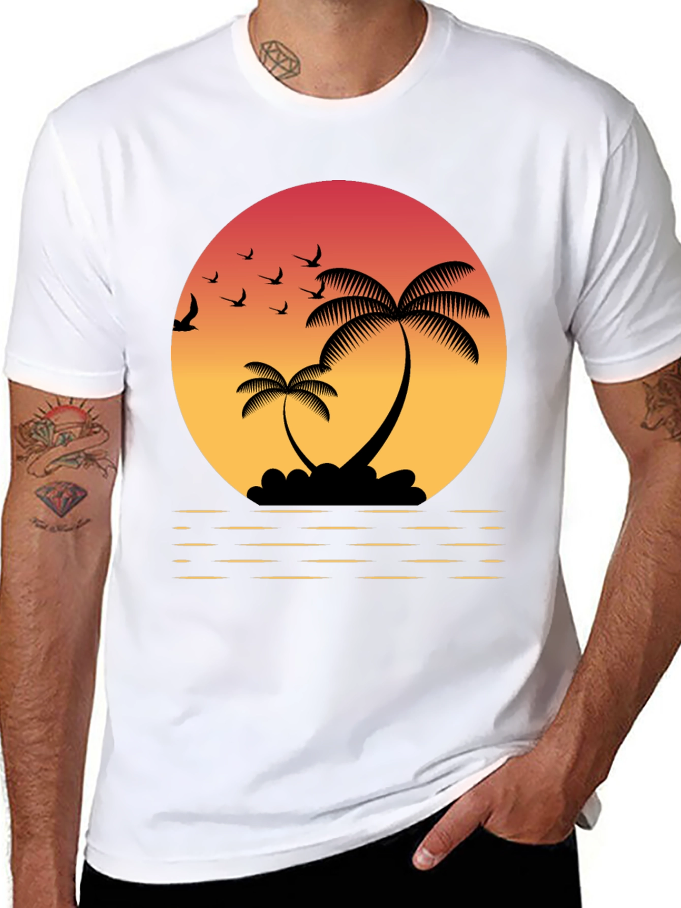 Black Tropical Sunset T-Shirt: Palm Trees & Birds view 8