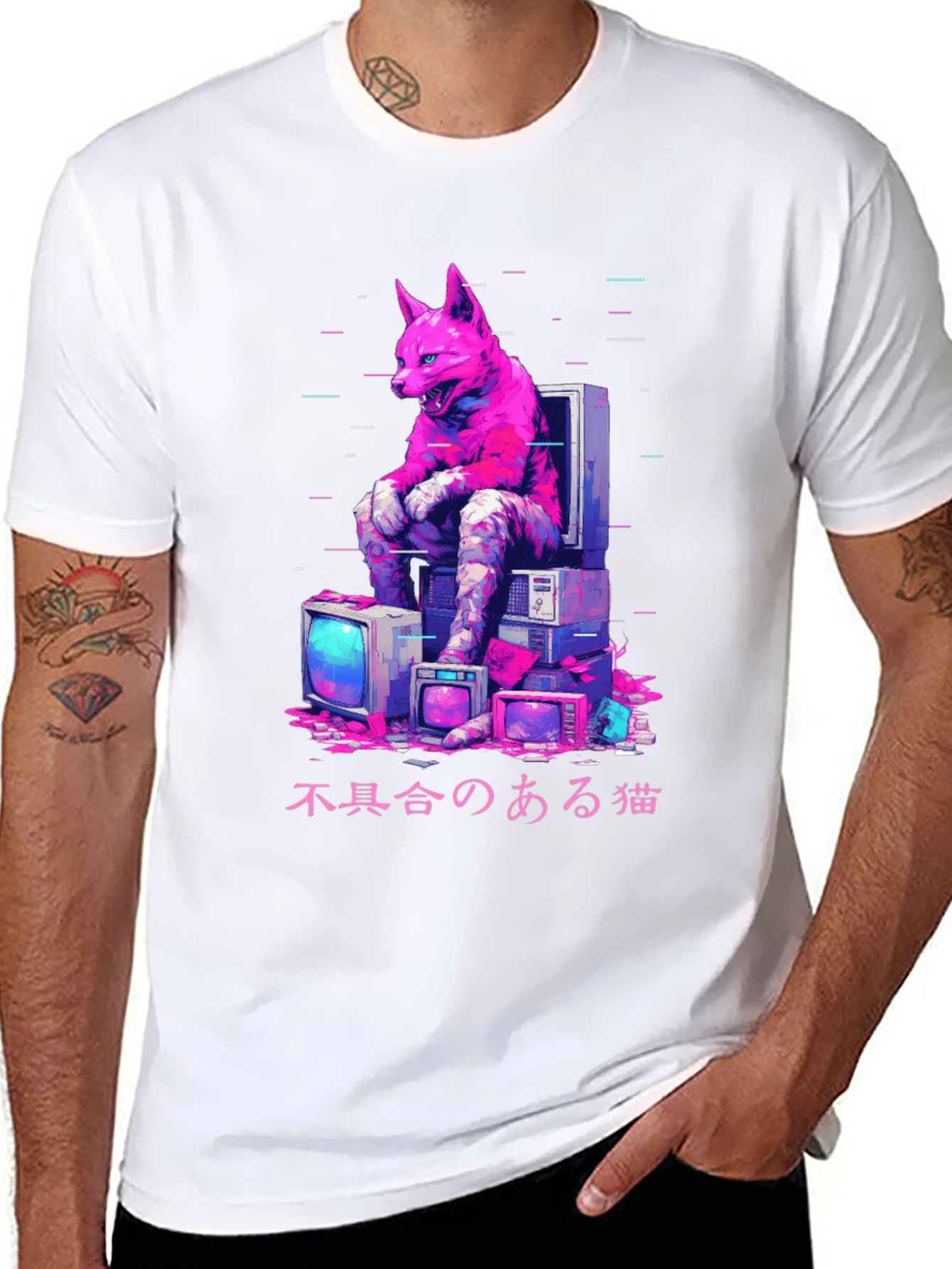 Black Cyberpunk Cat Glitch T-Shirt view 8