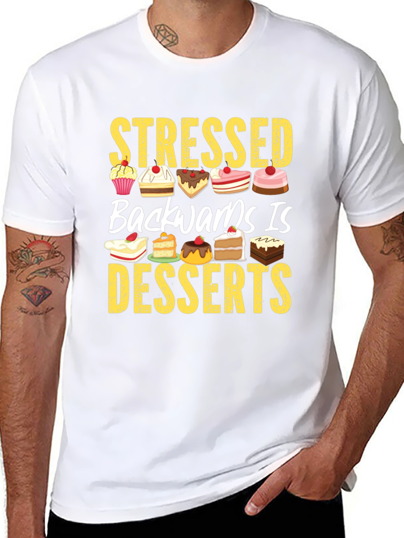 Black Stressed Backwards is Desserts T-Shirt view 8
