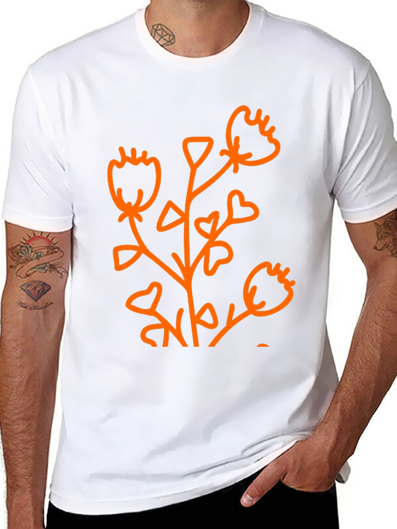 Black Black Graphic Tee - Abstract Orange Flower Design view 8