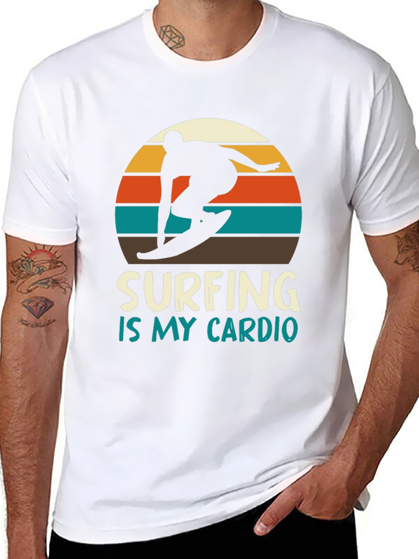 Black Surfing is My Cardio T-Shirt - Retro Sunset Design view 8