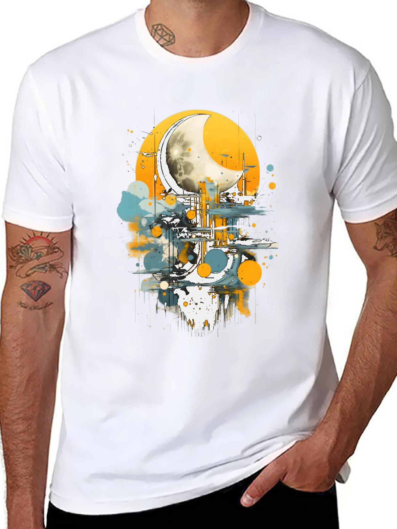 Black Abstract Moon Graphic Tee - Stylish Black Cotton T-Shirt view 8