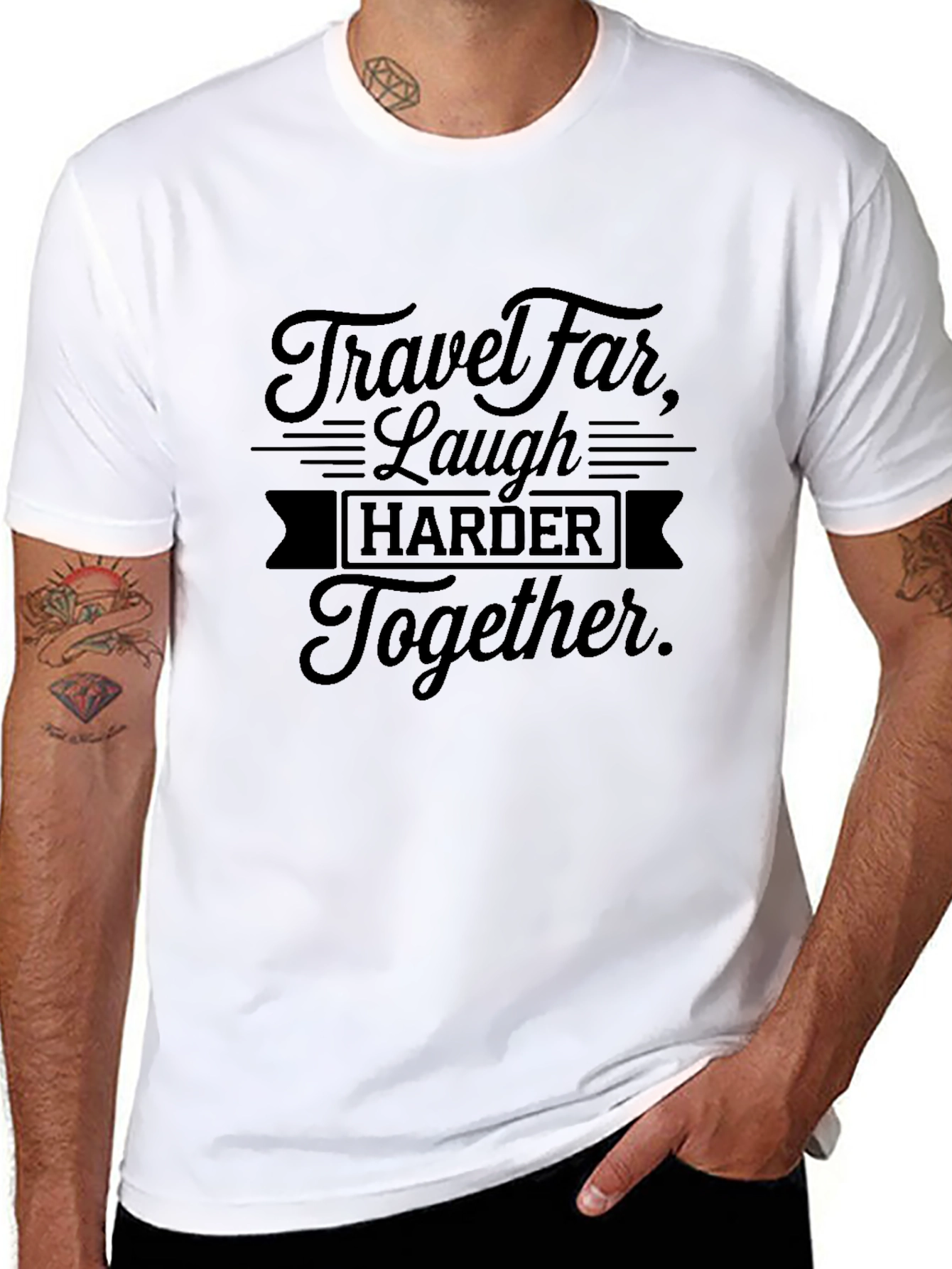 Black Travel Far Laugh Harder Together Black T-Shirt view 8