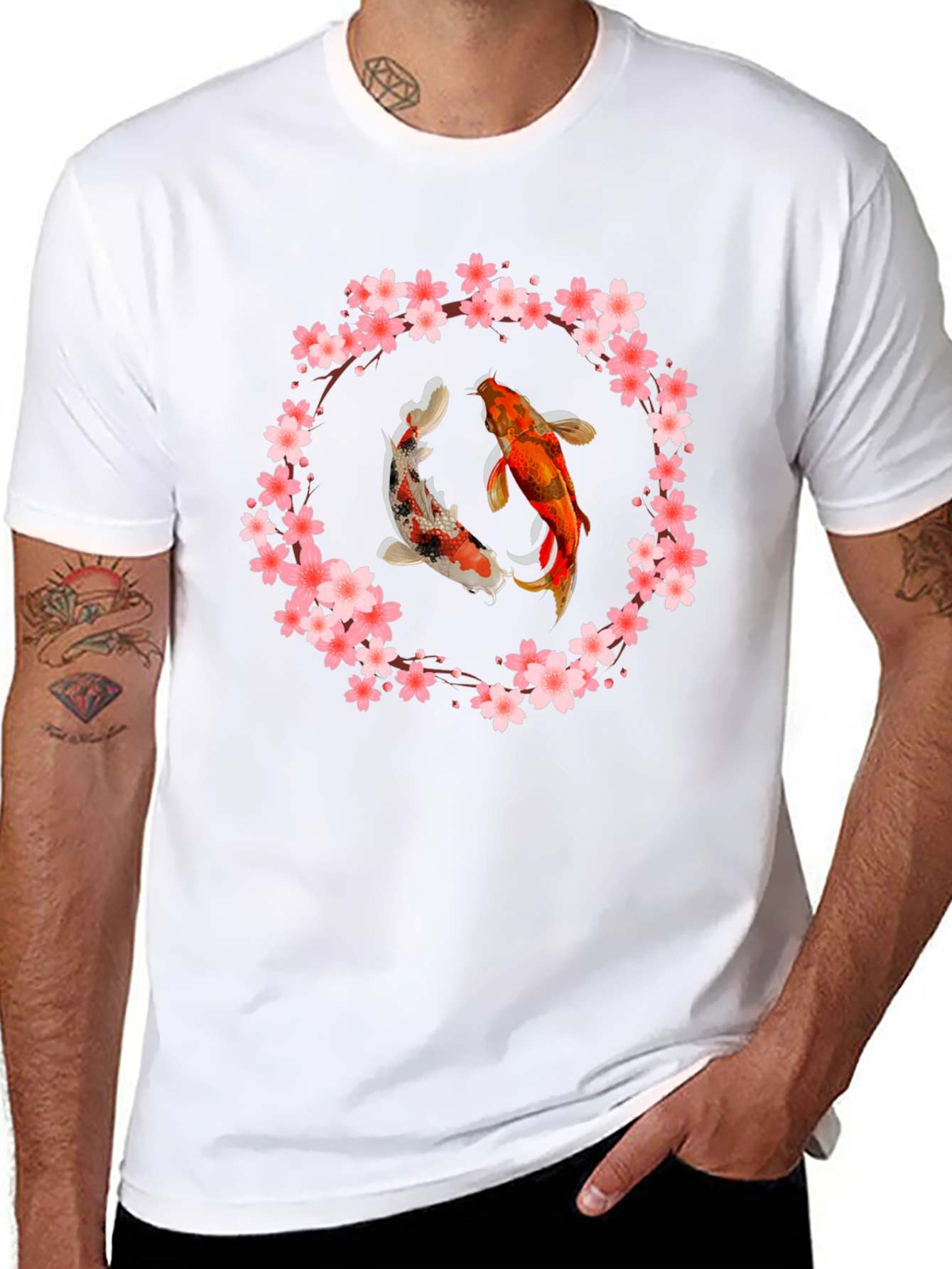 Black Koi Fish Cherry Blossom Graphic T-Shirt view 8