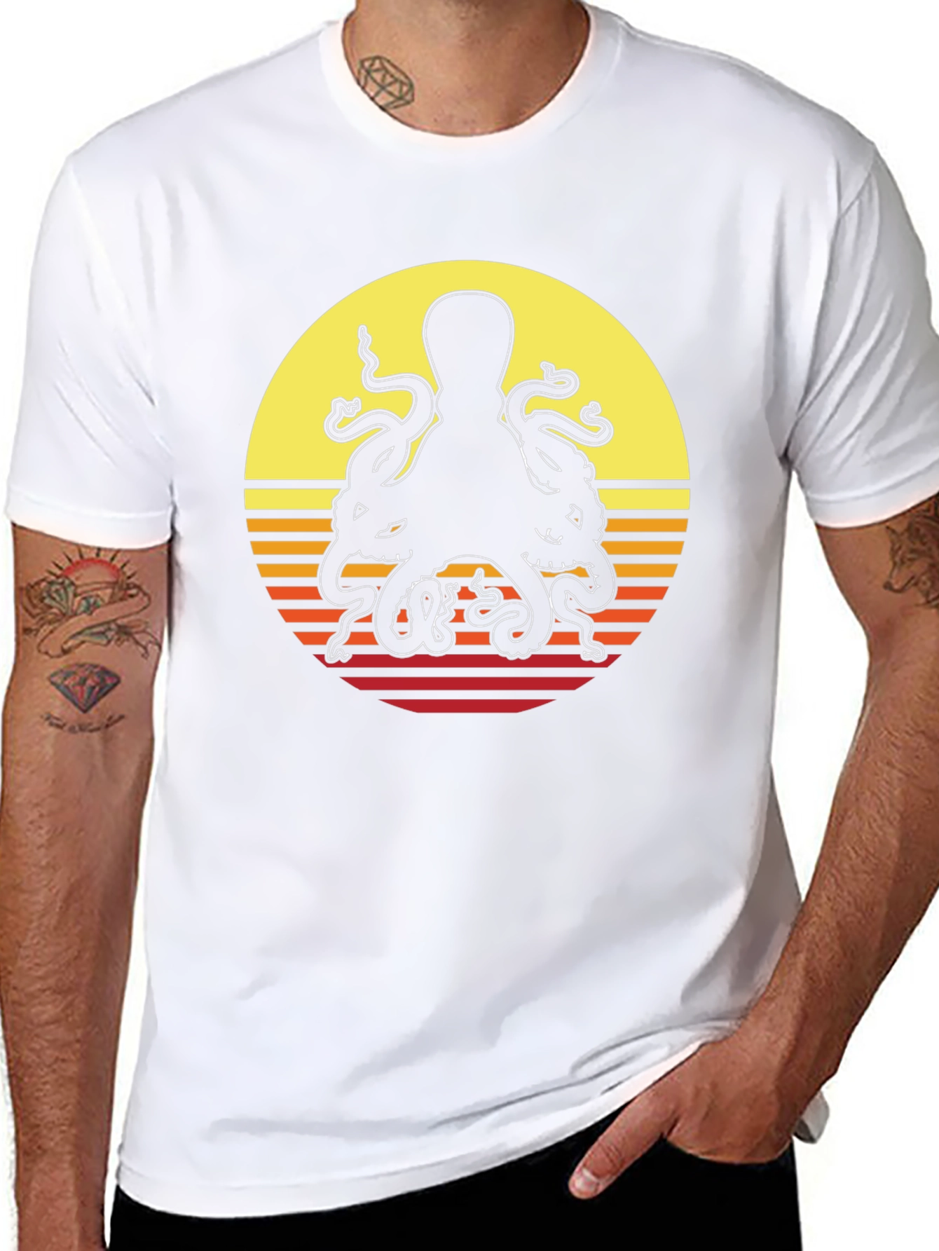 Black Retro Octopus Sunset Graphic T-Shirt view 8