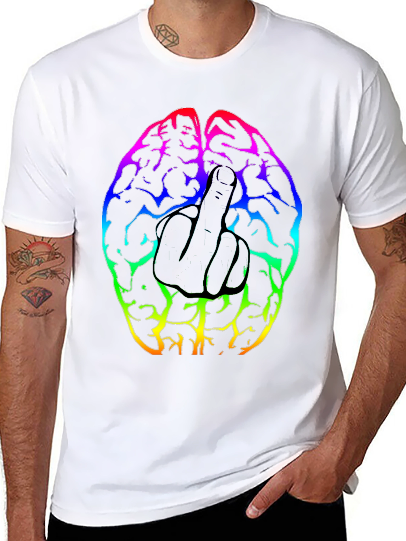 Black Rainbow Brain Middle Finger Graphic T-Shirt view 8