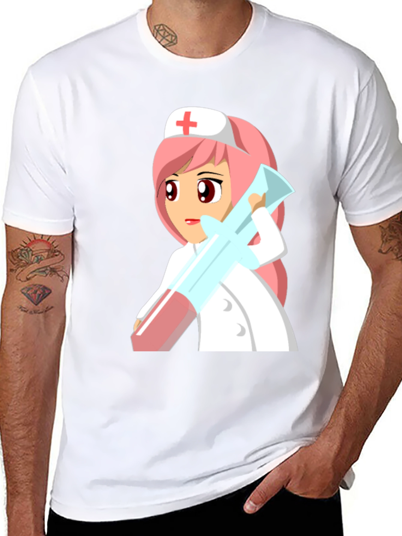 Black Cartoon Nurse Graphic Tee - Unisex Black T-Shirt view 8