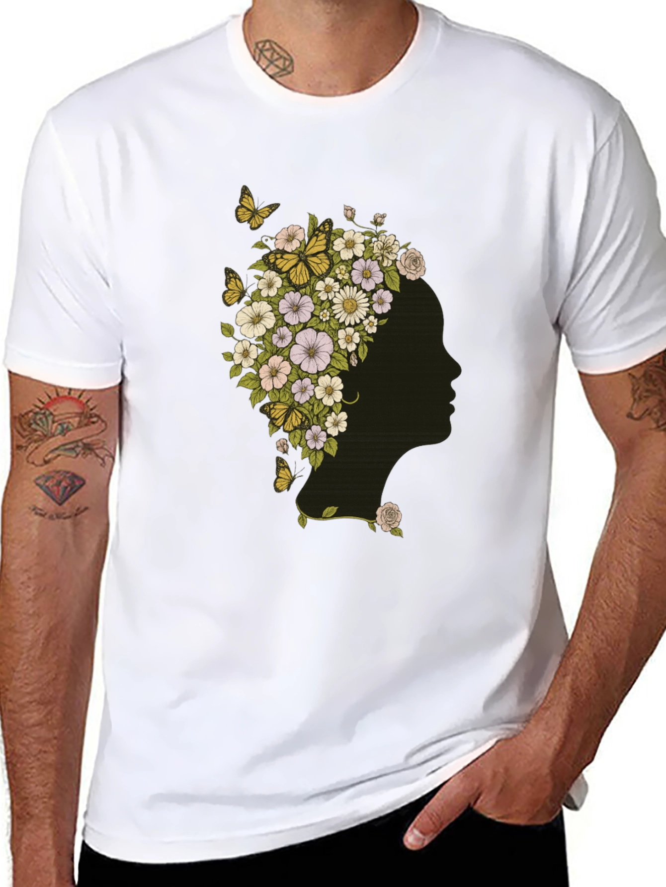 Black Floral Woman Graphic Tee - Black Cotton T-Shirt view 8