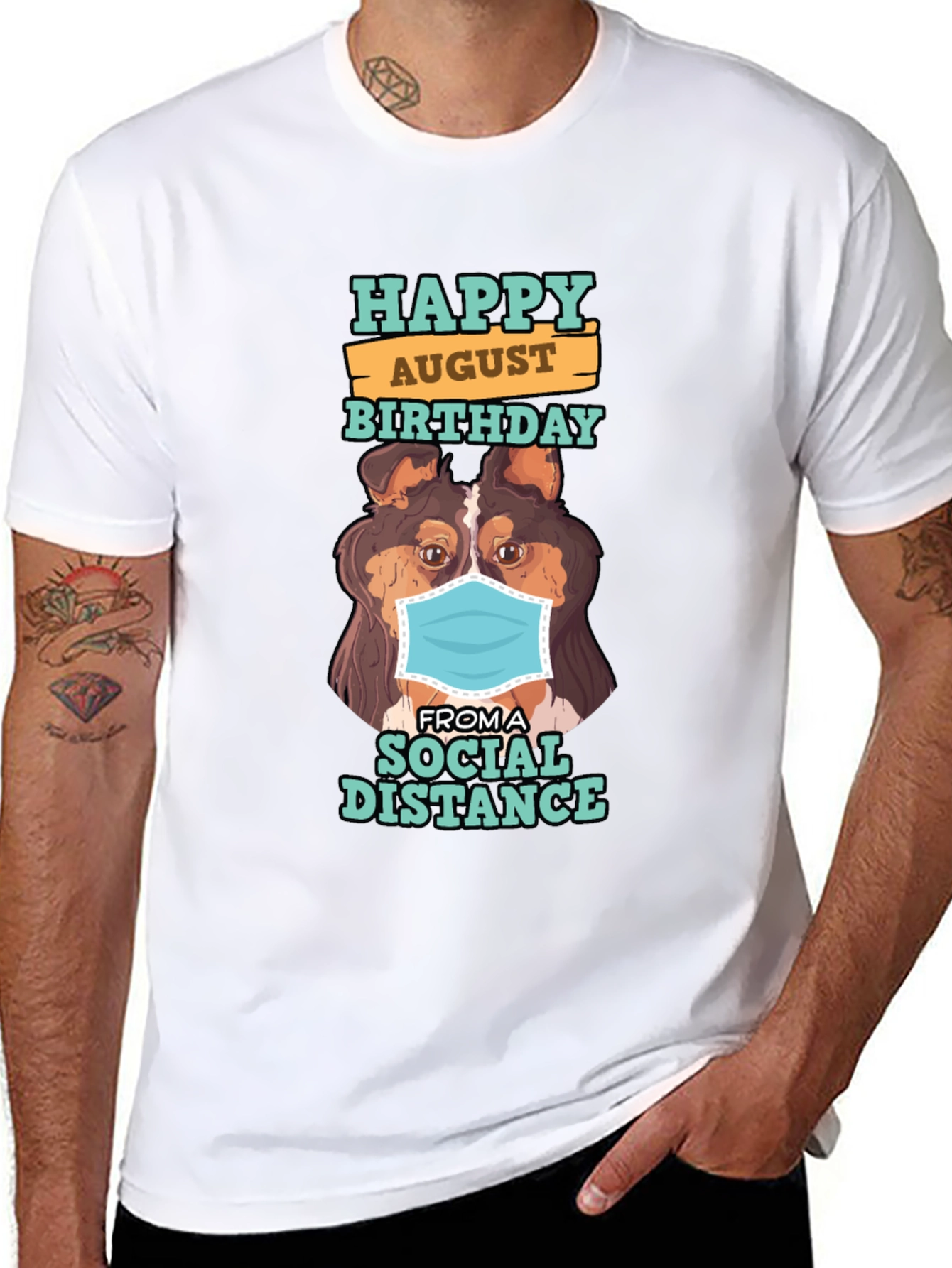 Black Happy August Birthday Social Distance Dog T-Shirt view 8