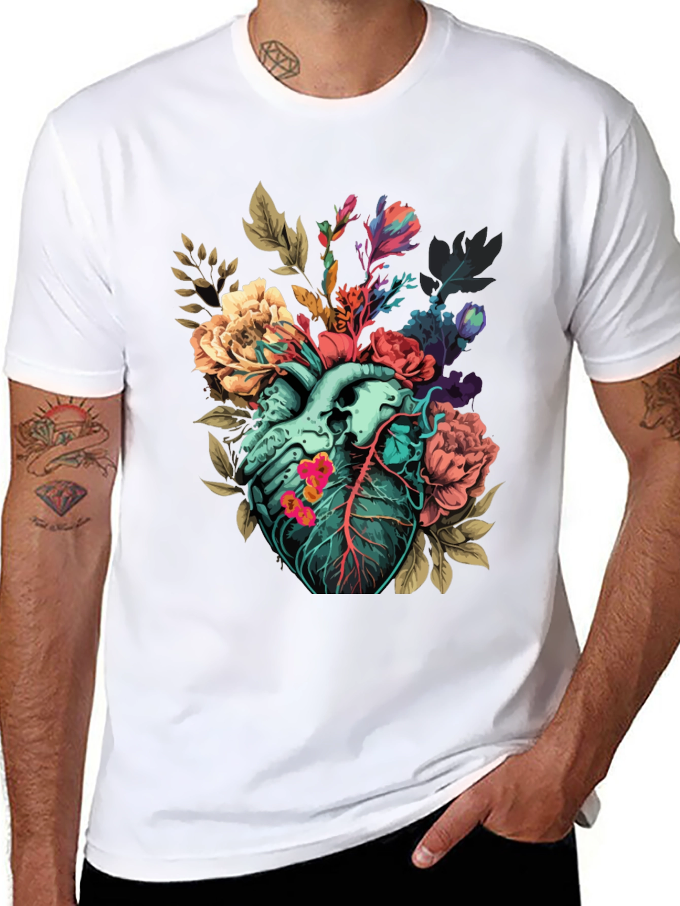 Black Floral Heart Print T-Shirt - Unique Anatomical Art view 8