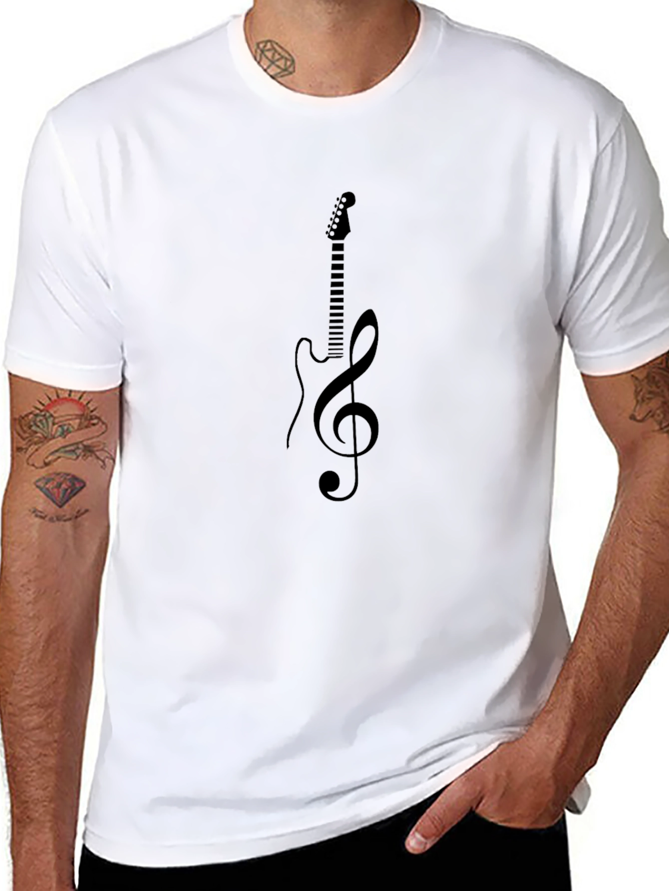Black Guitar Treble Clef Black T-Shirt - Music Lover Tee view 8