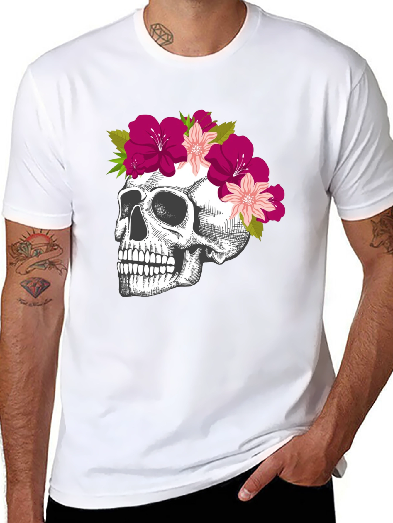 Black Floral Skull Graphic Tee - Unique & Stylish view 8