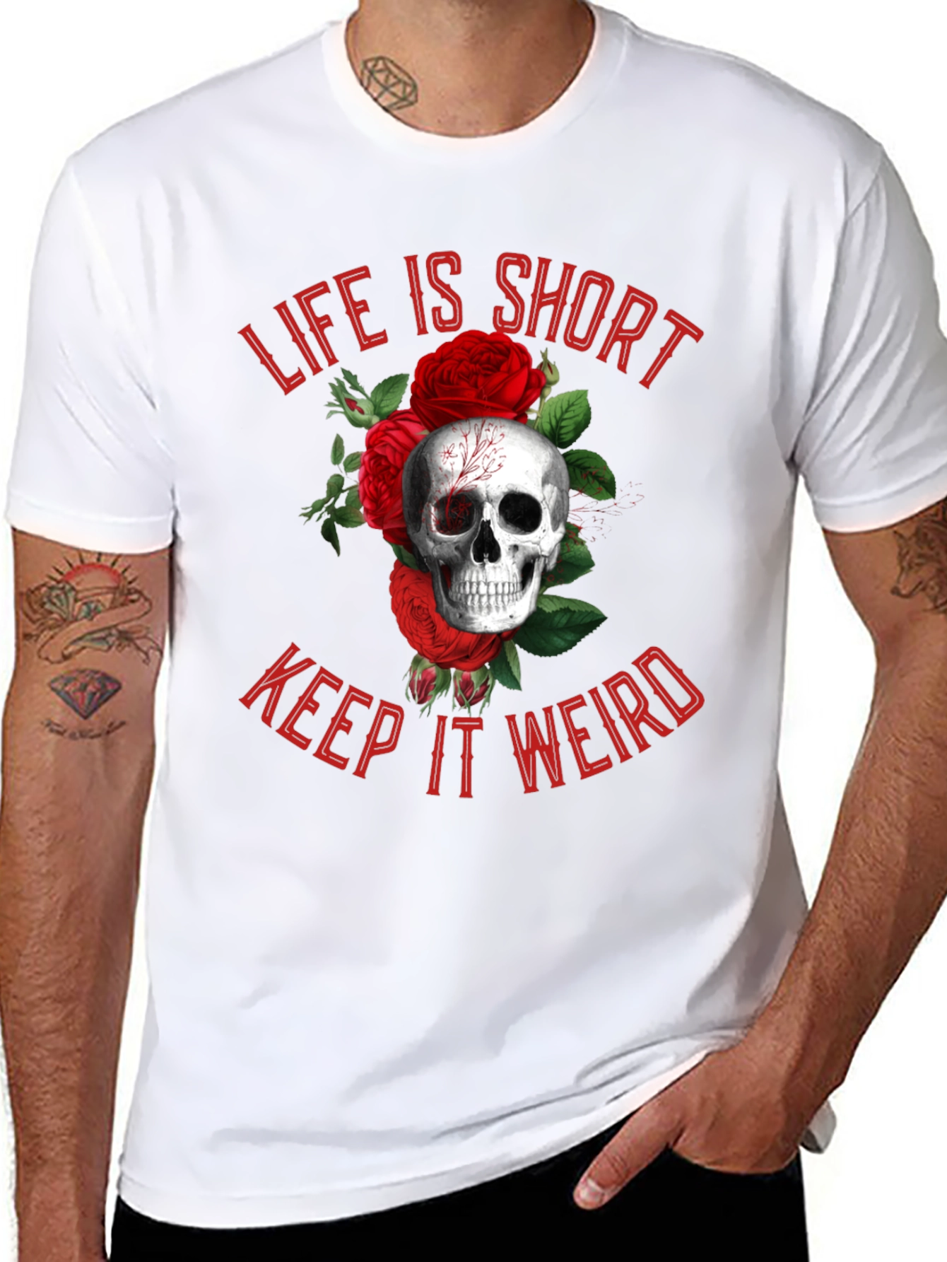 Black Life is Short, Keep it Weird Skull & Roses Graphic Tee view 8