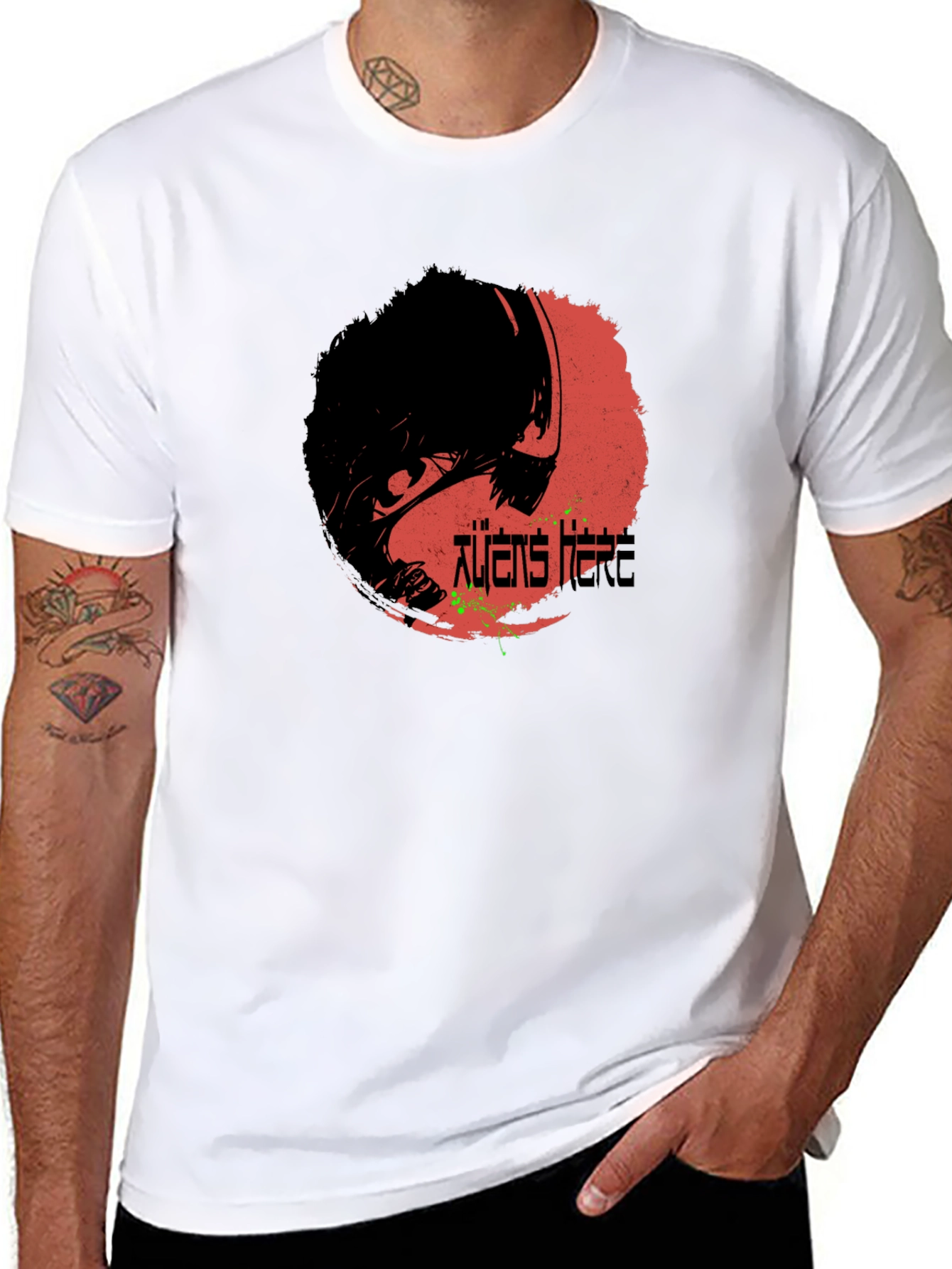 Black Aliens Here Graphic T-Shirt - Black Cotton Tee view 8