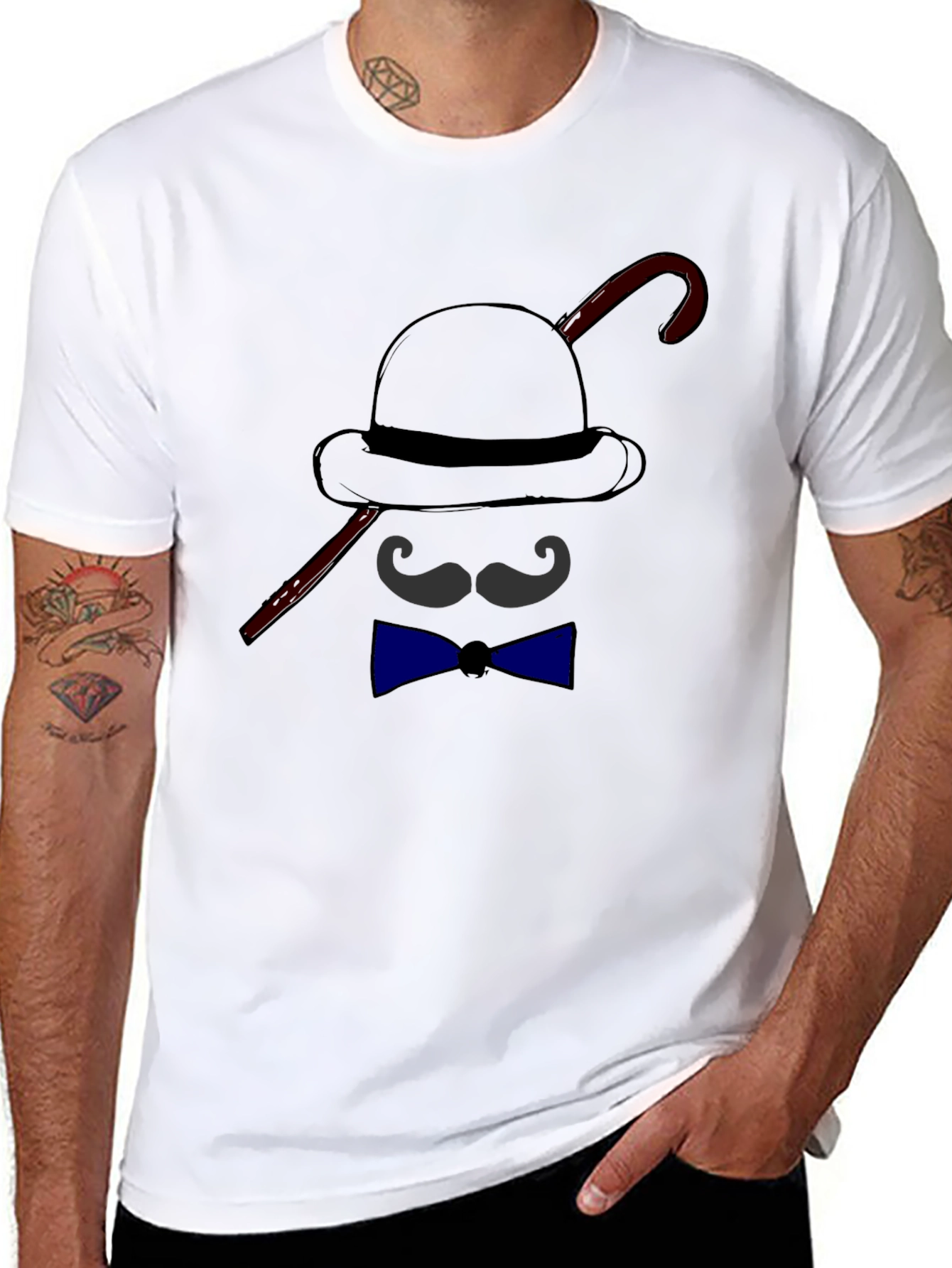Black Men's Funny Bowler Hat & Bow Tie Graphic T-Shirt view 8