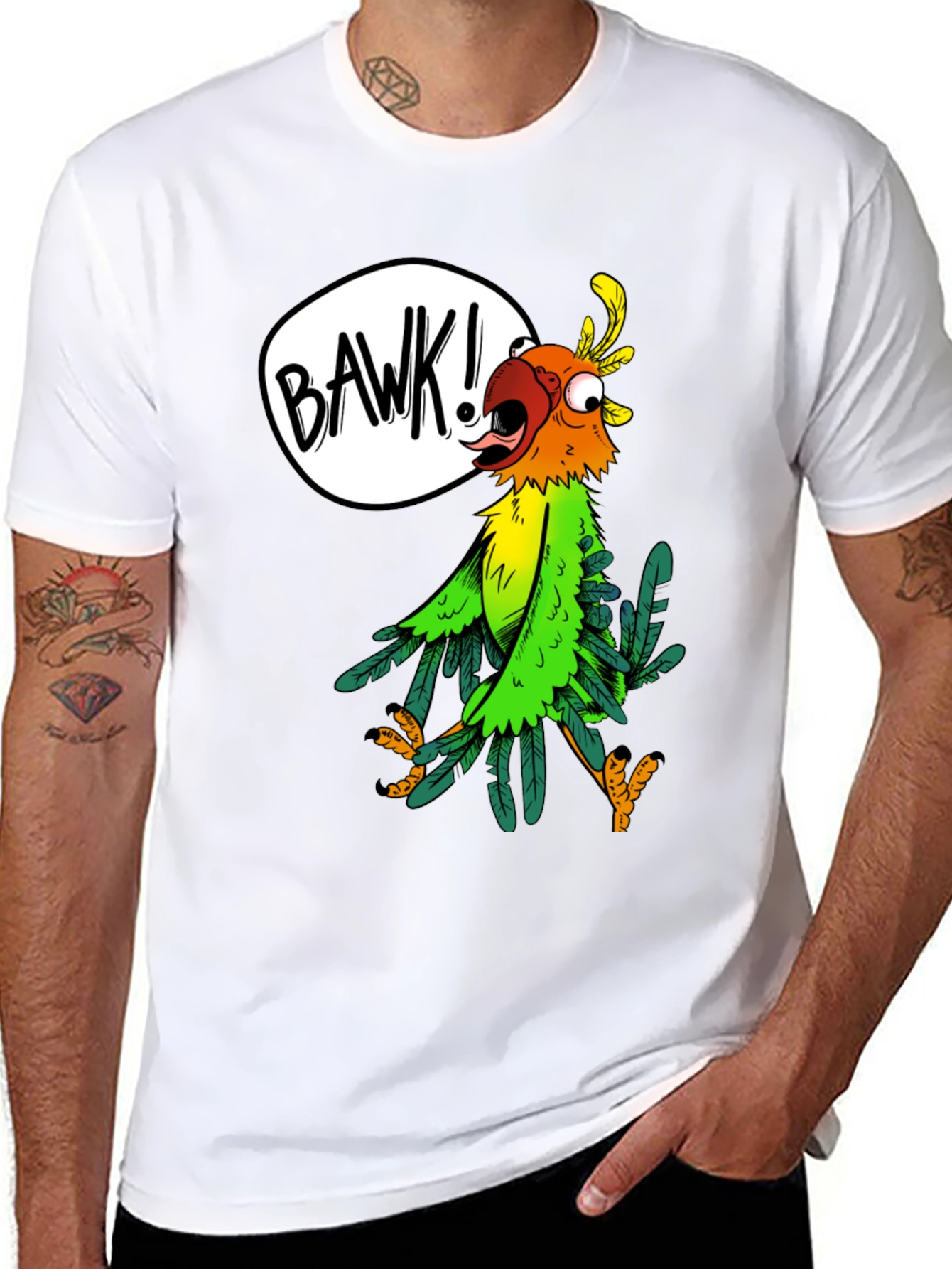 Black Cartoon Parrot Graphic Tee - 'BAWK!' Design view 8